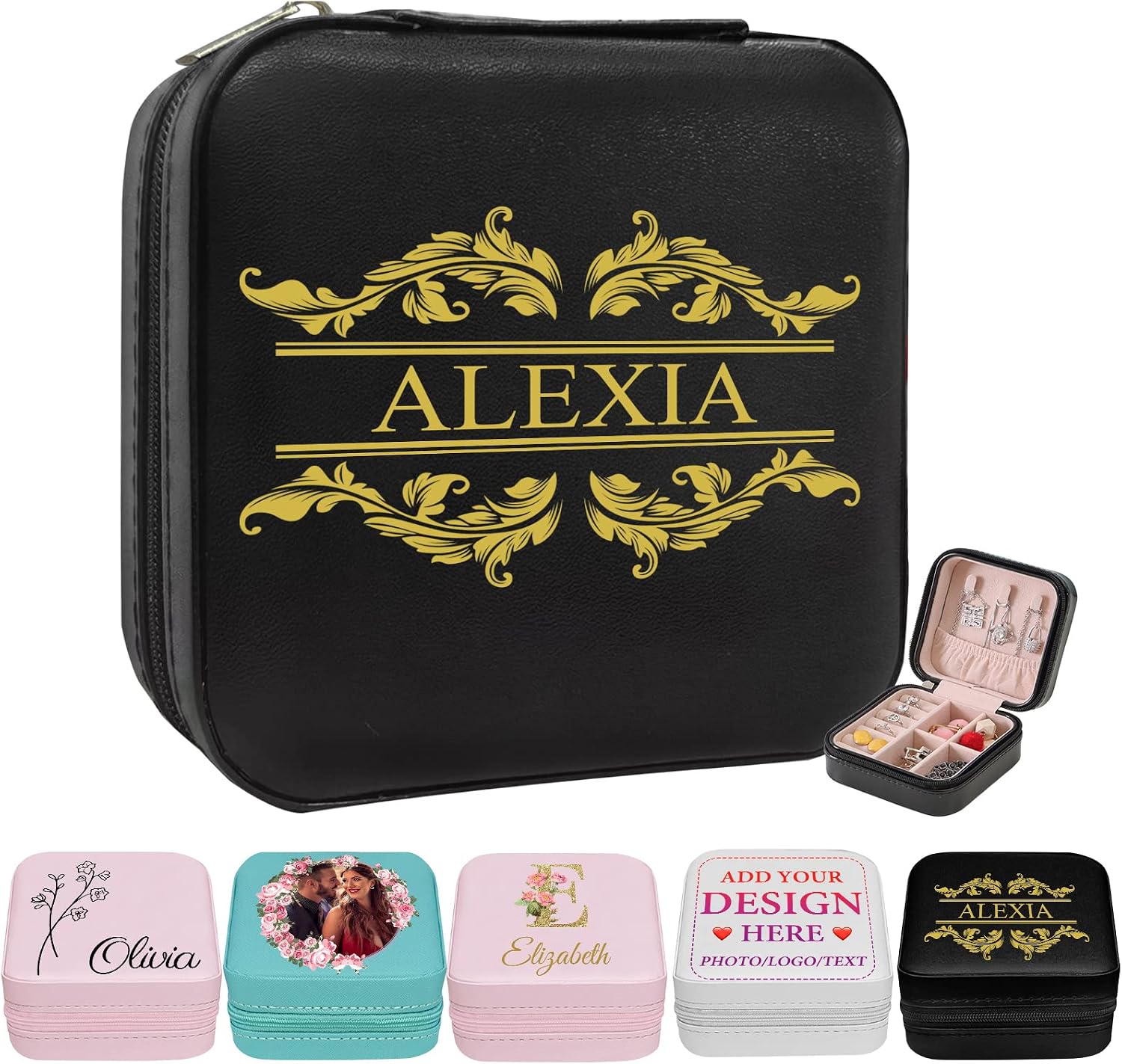 Personalized Jewelry Organizer Box with Name,Custom Travel Jewelry Case Small Storage Leather Box Portable Bridesmaid Proposal Boxes Valentine Birthday Wedding Gift for Girl Her Mom Women
