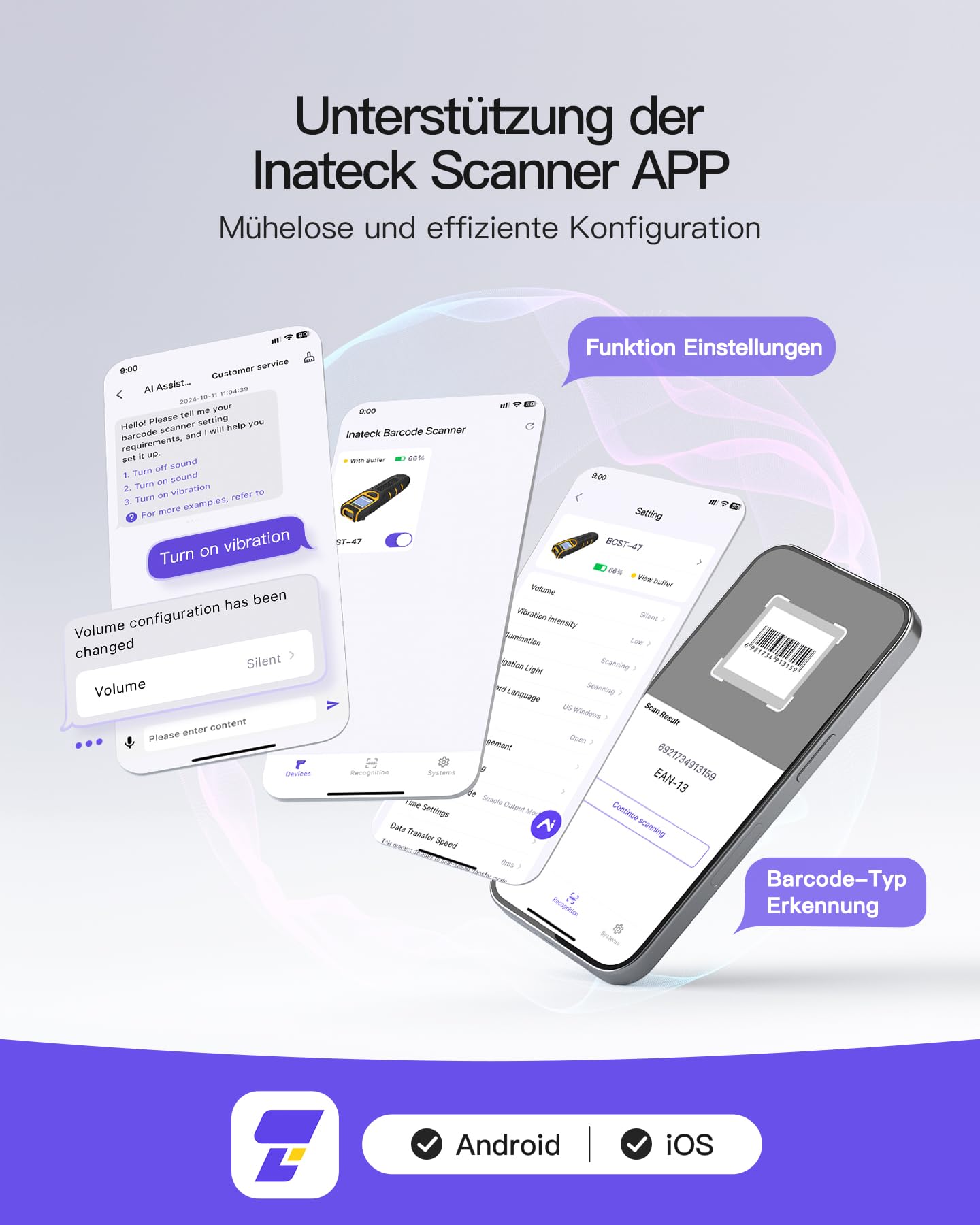 Inateck Barcode Scanner Bluetooth 1D 2D QR Code Kabellos mit Bildschirm BCST-47 für Inventar, USB 2.4GHz, Handscanner APP SDK Android iOS Tablet PC