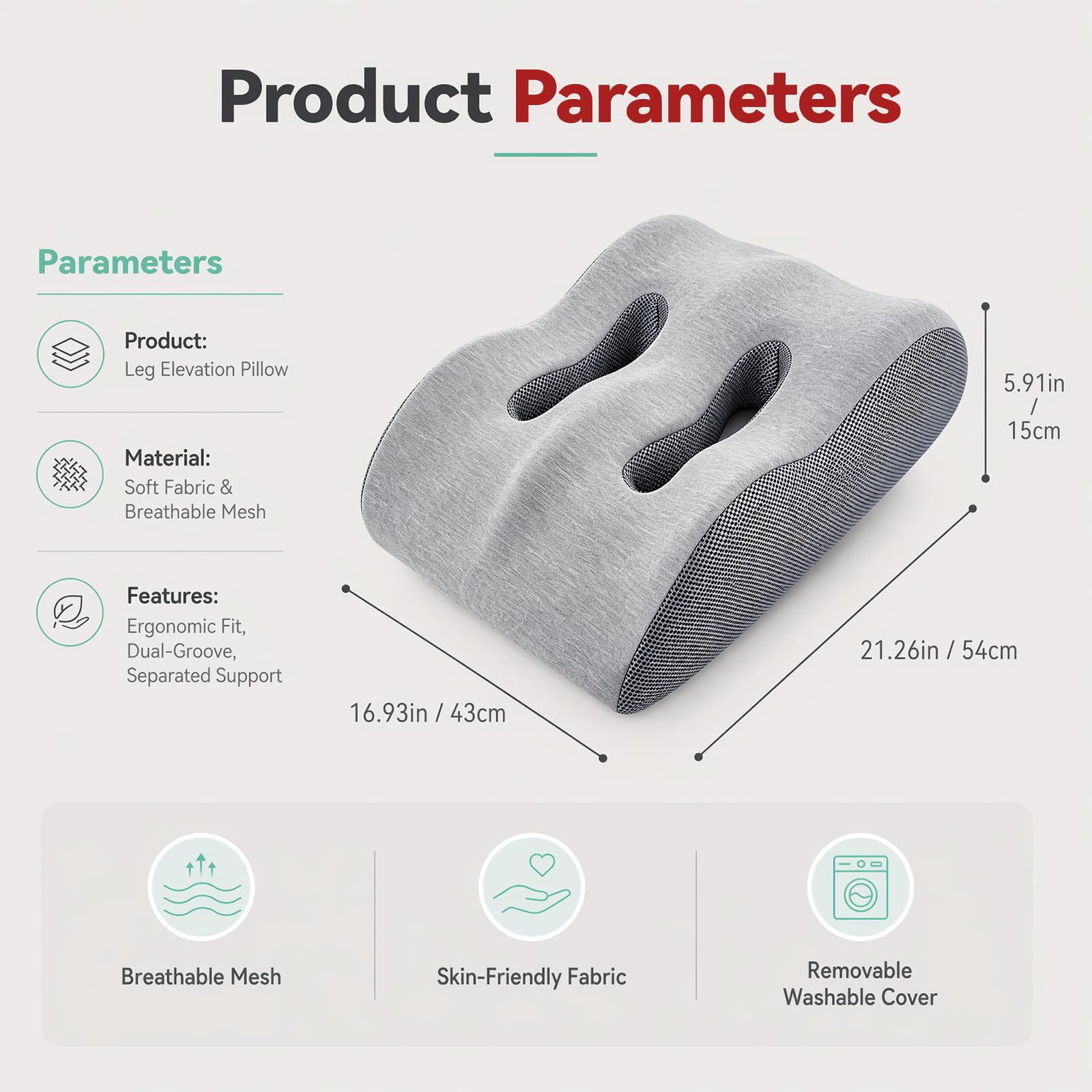 Almohada ergonómica para venas, cojín elevador de piernas, cojín de apoyo para adultos, espuma viscoelástica para promover la circulación sanguínea (gris claro)
