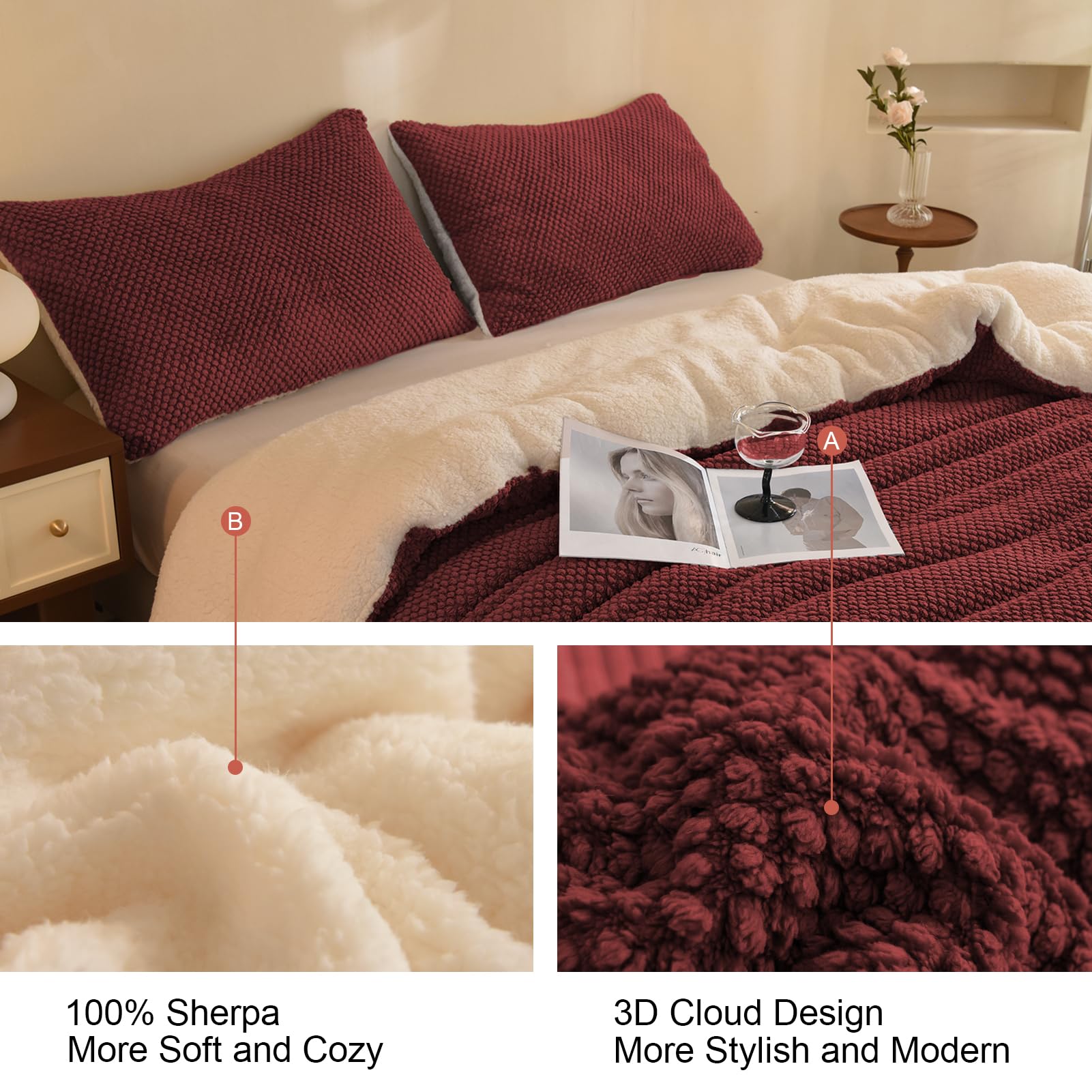 LLanCL 3D-Jacquard-Design, ultraweich, warm, Sherpa-Fell, Plüsch, 2-teilig, luxuriös, gemütlich, mit 1 Kissenbezug (172,7 x 228,6 cm, Burgunderrot)