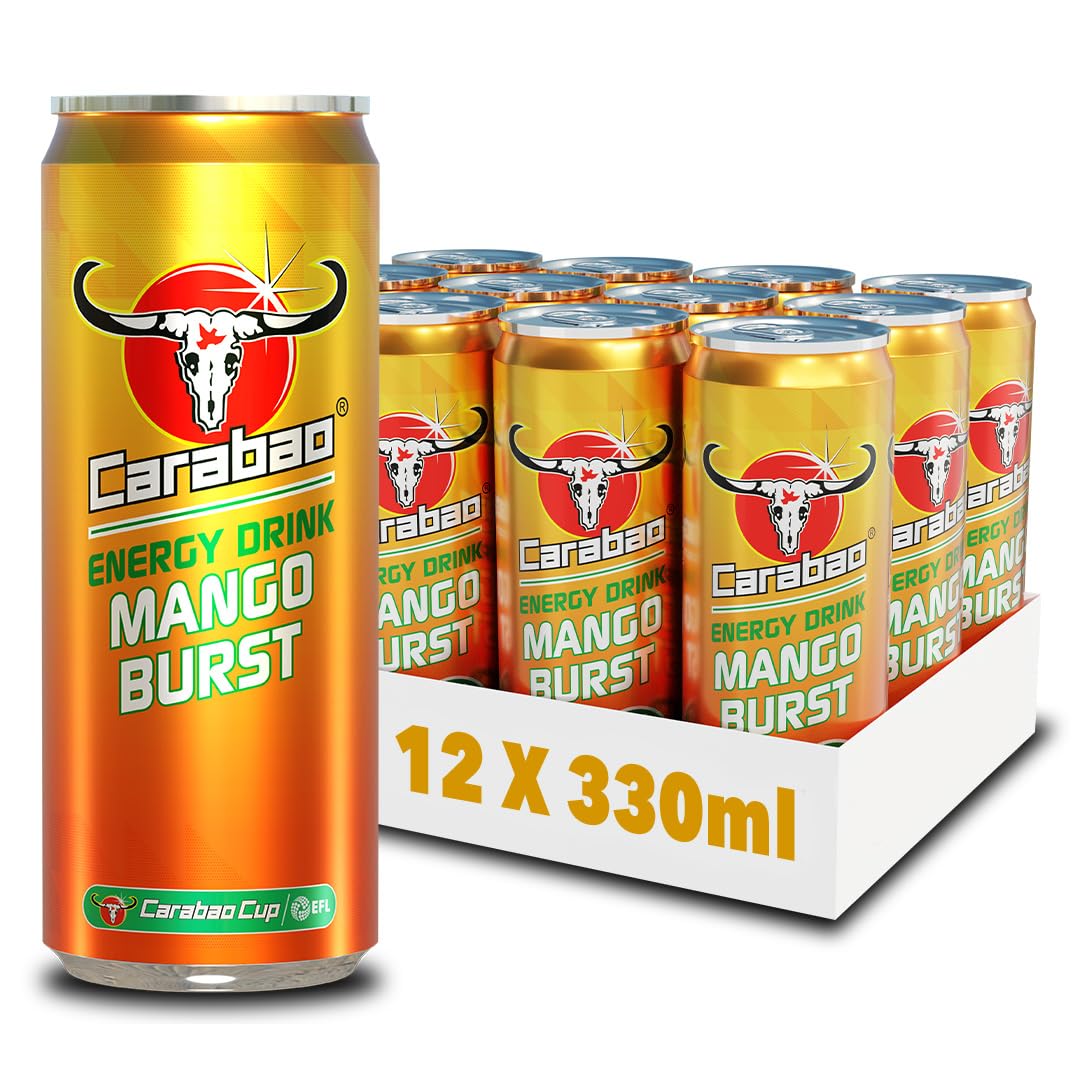 Energy Drink Mango Burst, 12 x 330ml Cans Case, Low Calorie, Lower Sugar, Fizzy Fruit Flavour, Vegan, Gluten Free Drink, B Vitamins, Taurine, Caffeine with Zero Crash, Bulk Crates, Multipack