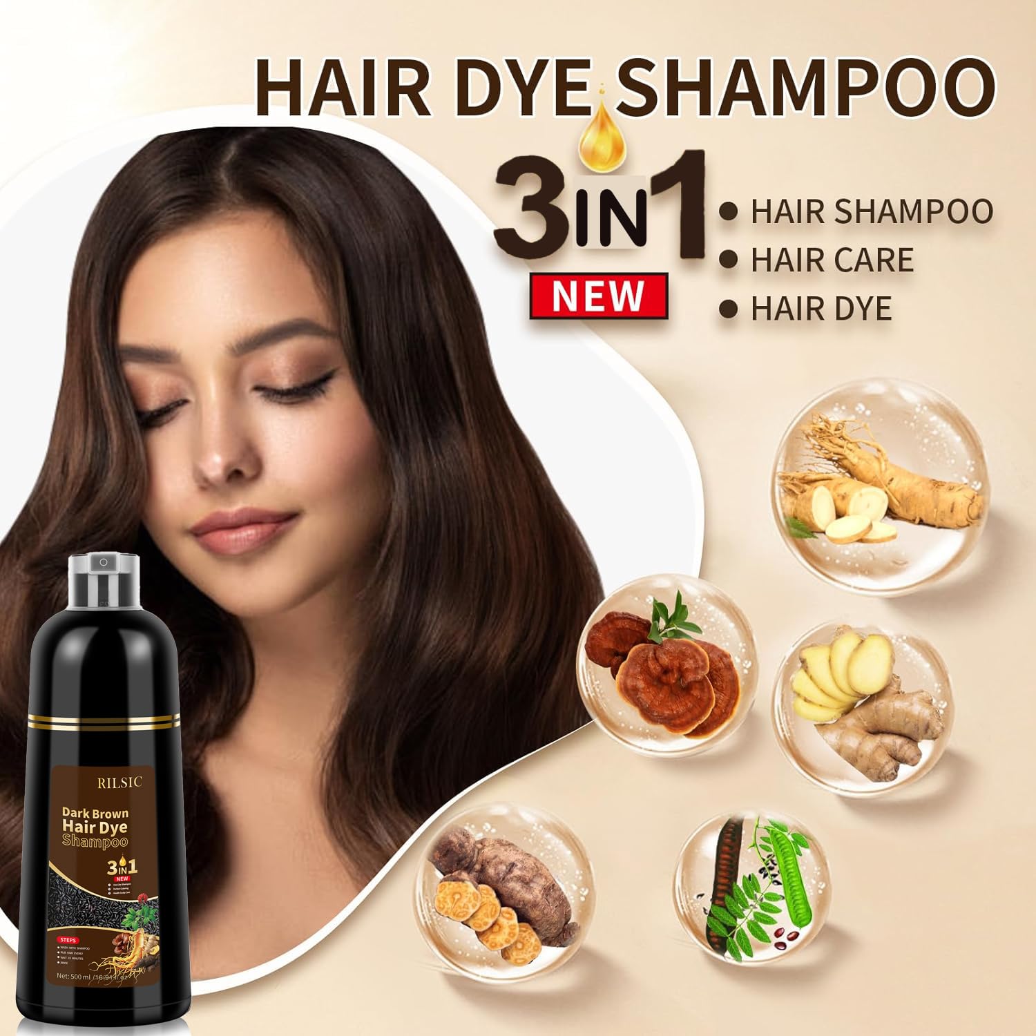 500ML Hair Dye Shampoo 3 w 1 (Ciemnobrązowy)