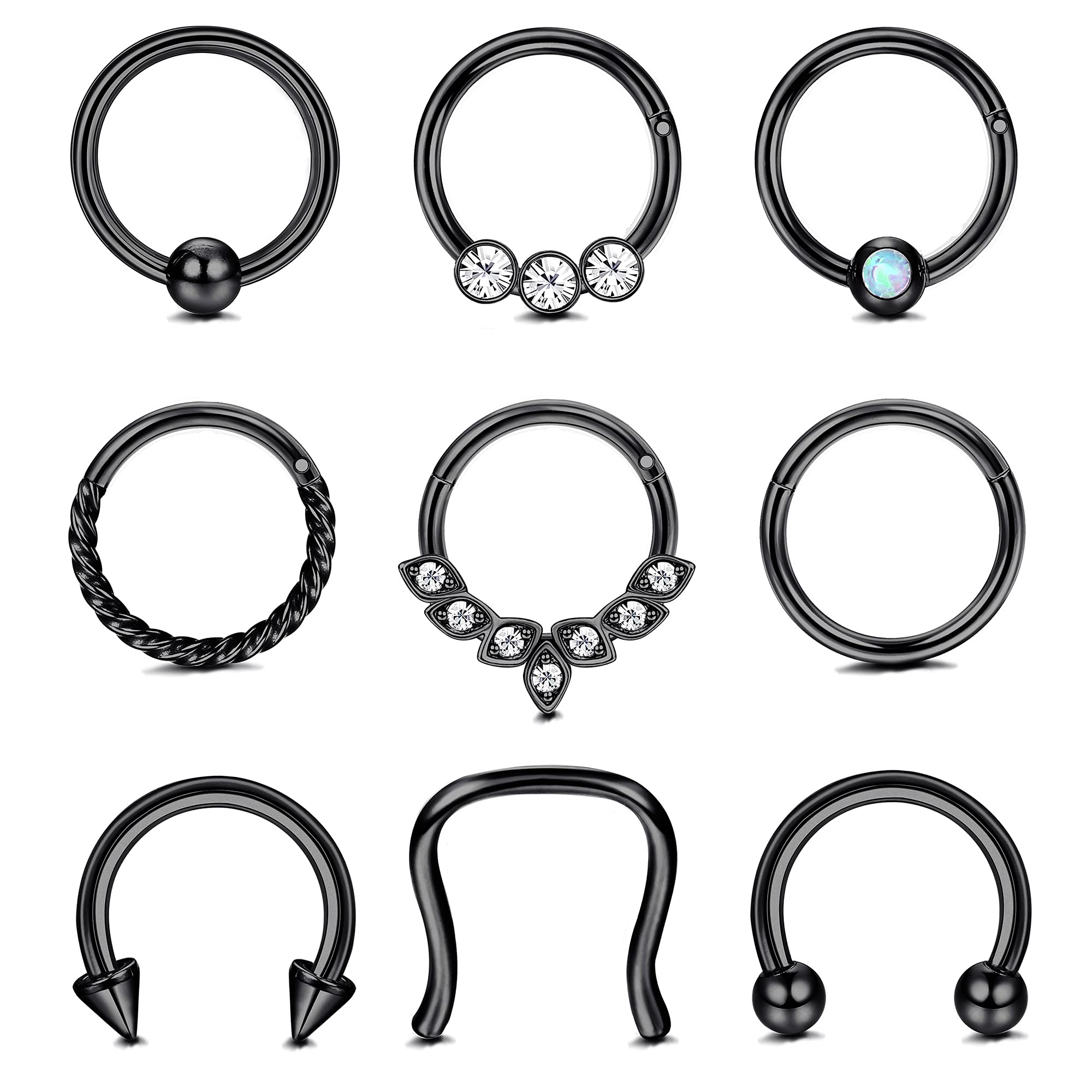 Kakonia 9 Piezas 16G Piercing Septum Acero Quirúrgico para Mujeres Hombres Pendientes Helix Piercing Nariz Aro Tragus Piercing para Oreja Nariz 8mm 10mm Plata Oro Oro Rosa Negro