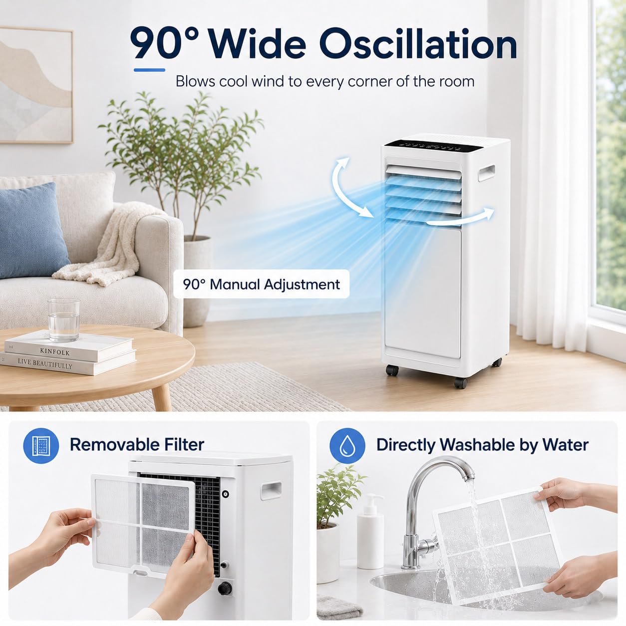 Climatizzatore Portatile 9000 BTU con Kit Finestra e Tubo di evacuazione, 3 in 1 con deumidificatore e Ventilatore, Doppio drenaggio, Filtro Lavabile, per stanze 8–12 m² e Ufficio