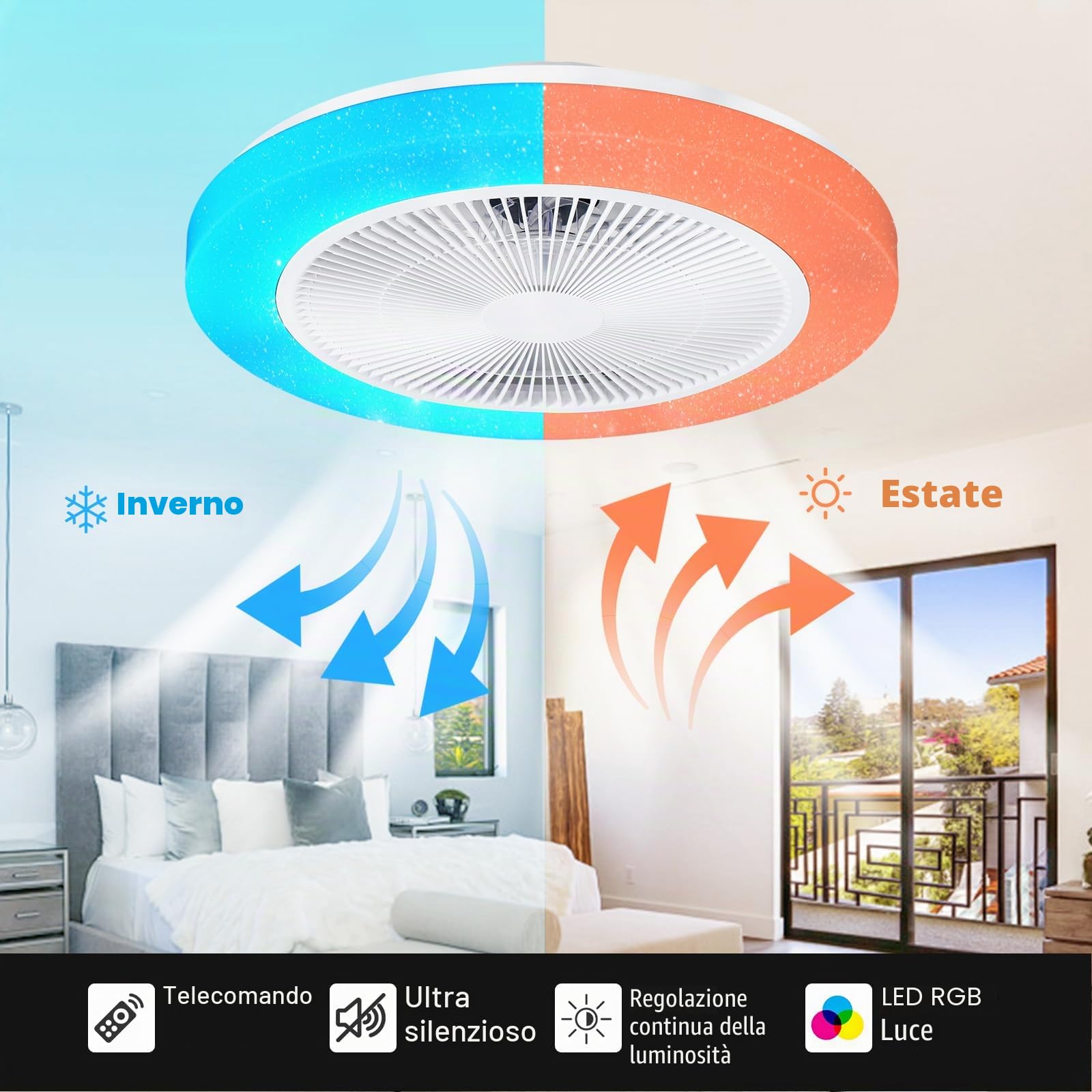 Ventilatore da Soffitto con Luce RGB, 50cm Lampadario Ventilatore Silenzioso LED Dimmerabile, Telecomando e APP, 6 Velocità, Timer, RGB Plafoniera Ventilatori per Camera da Letto Soggiorno