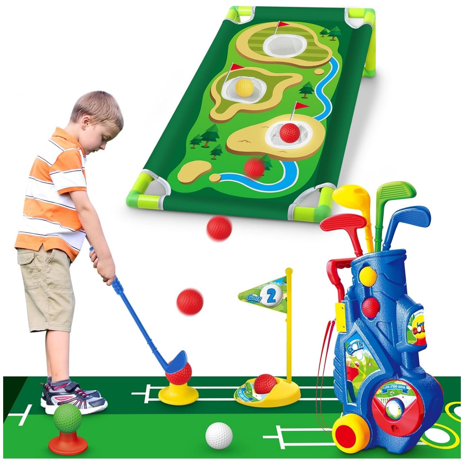 AM ANNA Golf Club Set for Kids, Indoor Outdoor Sports Toys for Boys Girls Ages 2 3 4 5 6 Year Old, Kids Birthday, Toddler Golf Set with Golf Board, Putting Mat, Balls, Golf Clubs, Golf Cart (Blue)