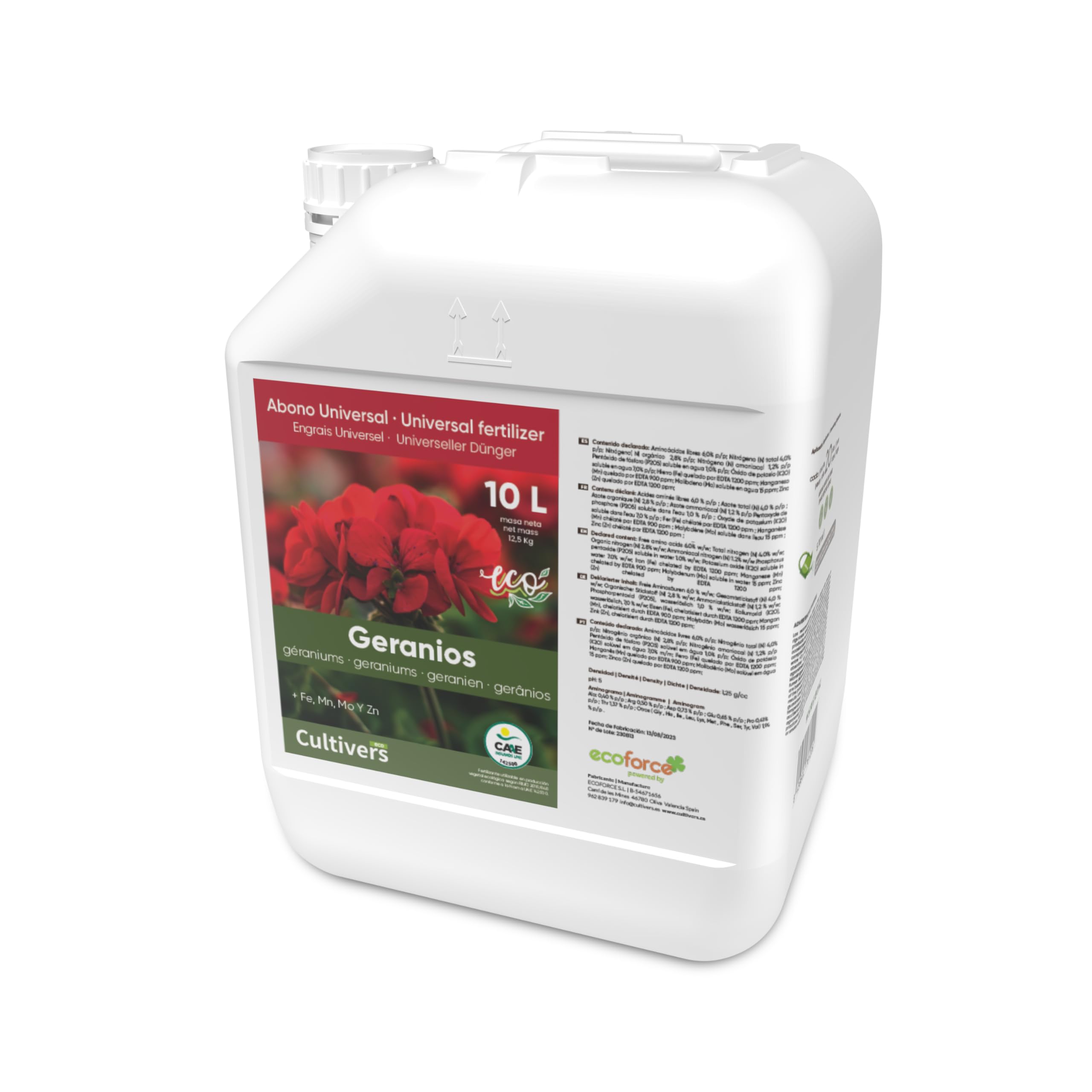 CULTIVERS Fertilizante Geranios Ecológico Líquido DE 10 L. Hojas más verdes, Mayor Floración e Intensifica el color. Con Macronutrientes y Micronutrientes. Abono 100% Orgánico y Natural