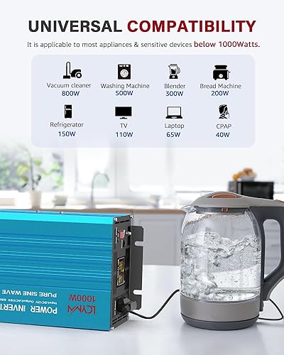 Miniatura 6 de Inversor de 1000 vatios de onda sinusoidal pura CC de 12 V a 110 V120 V CA inversores de corriente alterna con 2 salidas de cargador de CA,