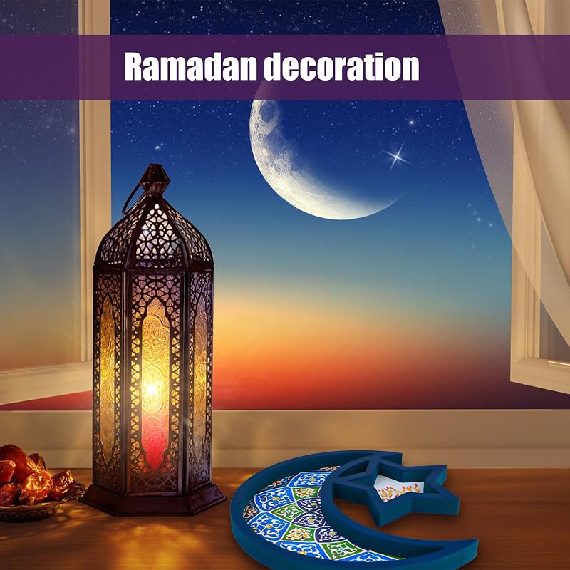 PEUTIER Fa Ramadán Tálca Holddal és Csillaggal, Eid Mubarak Dekoráció
