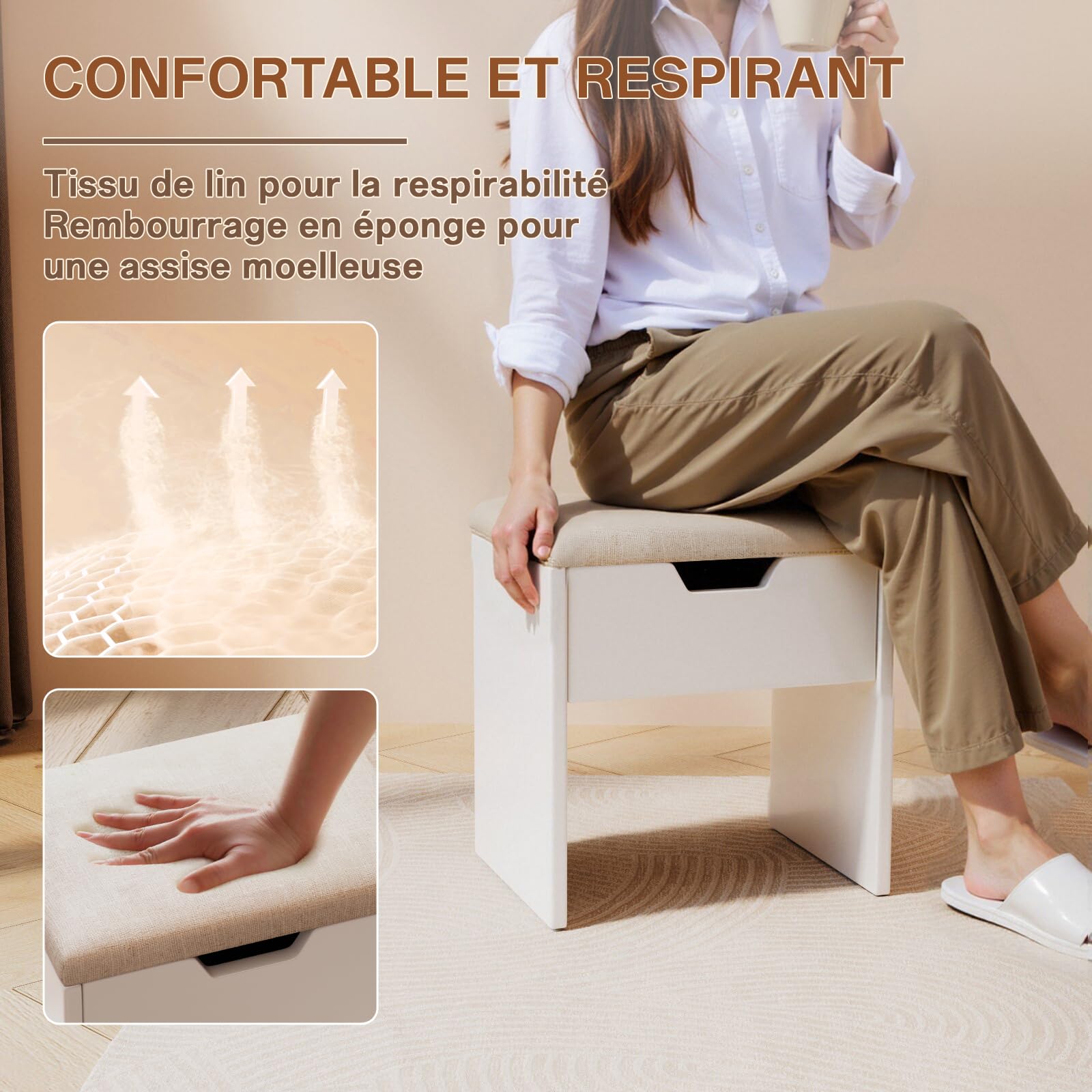Airfish Tabouret de Coiffeuse avec Rangement Caché, Siège en Tissu Lin, Rembourrage en Mousse à Haute Densité, Chaise de Maquillage Moderne Idéal pour Chambre, Vestibule et Dressing