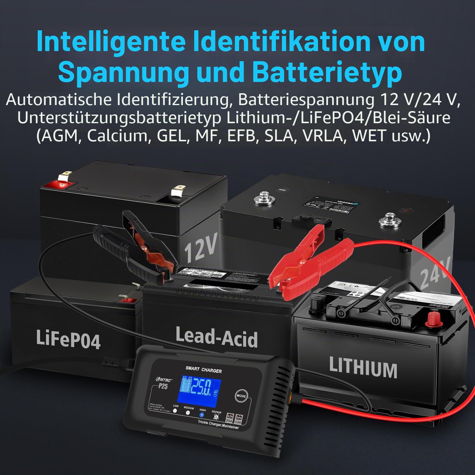 Haisito 25A Autobatterieladegerät, 12V 24V 25A, Erhaltungsladegerät und Entschwefelungsgerät, geeignet für Lithium, LiFePO4, Bleisäure (AGM, Gel 、EFB、MFusw.) Motorräder, Autos, Boote, Rasenmäher usw.