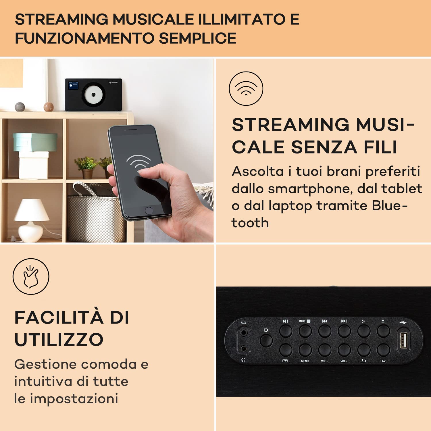 Vertico Radio Stereo Casa DAB/FM/DAB+ Bluetooth 28W Lettore CD Display LCD Radiosveglia Vintage Legno