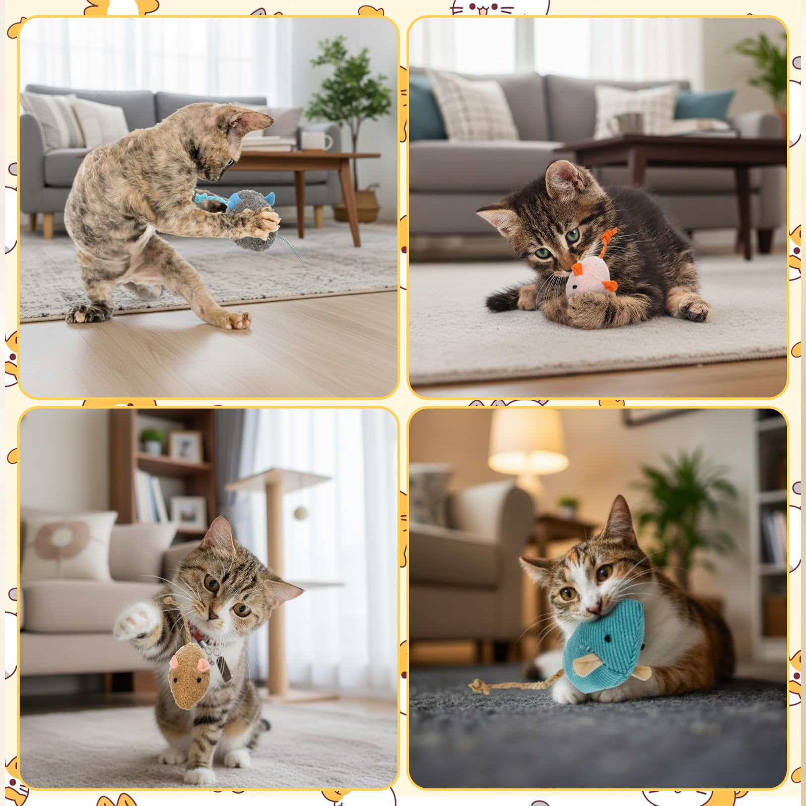 Leitee Paquete de 50 juguetes surtidos de ratones para gatos a granel con 1 bolsa de almacenamiento de regalo de pata de gato, ratón peludo, gatito, animales, juguete de limpieza de dientes, mini
