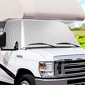 D-Lumina RV Windshield Cover for Class C Fo-rd 1997-2025 Motorhome, RV Windshield Window Snow Cover for Ice and Snow Front Window Sunshade Cover Block UV Ray, RV Accessories with Mirror Cutouts Silver