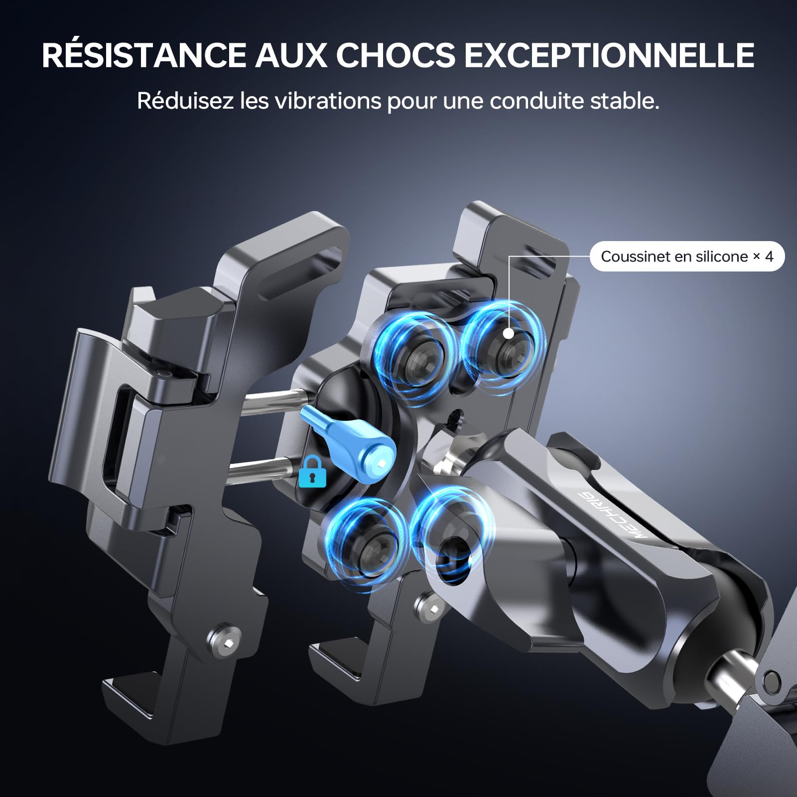 QX002 Support de téléphone pour moto avec amortisseur de vibrations (comprend une super pince + bras double prise + support de téléphone tout en un) réglable à 360 ° et support de téléphone en