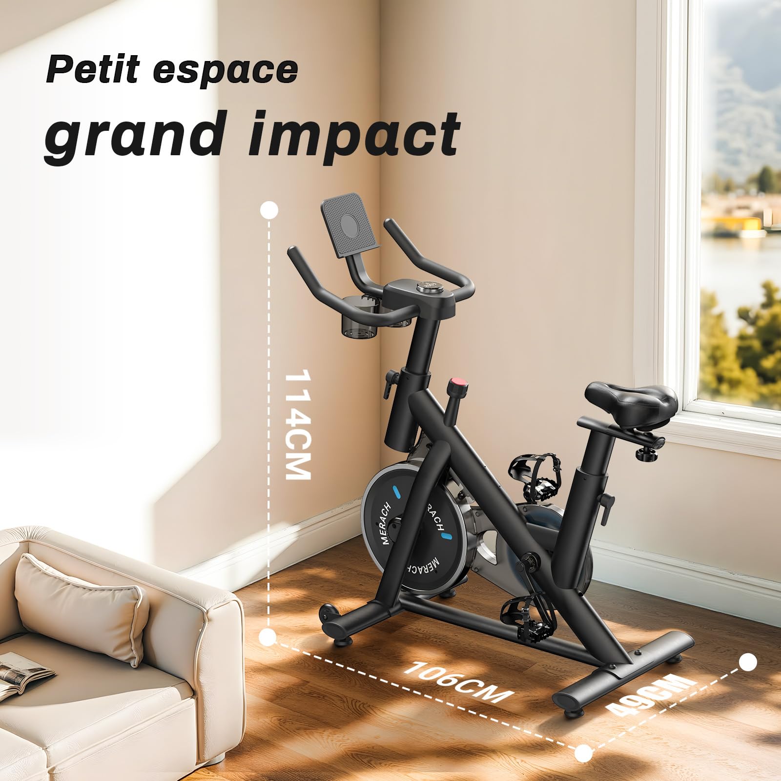 MERACH Vélo d'Appartement pour la Maison - Vélo de Fitness d'Intérieur Silencieux avec Résistance Réglable, Écran LCD, Siège Confortable, pour Entraînement Cardio, App Exclusive, Capacité Max 136KG