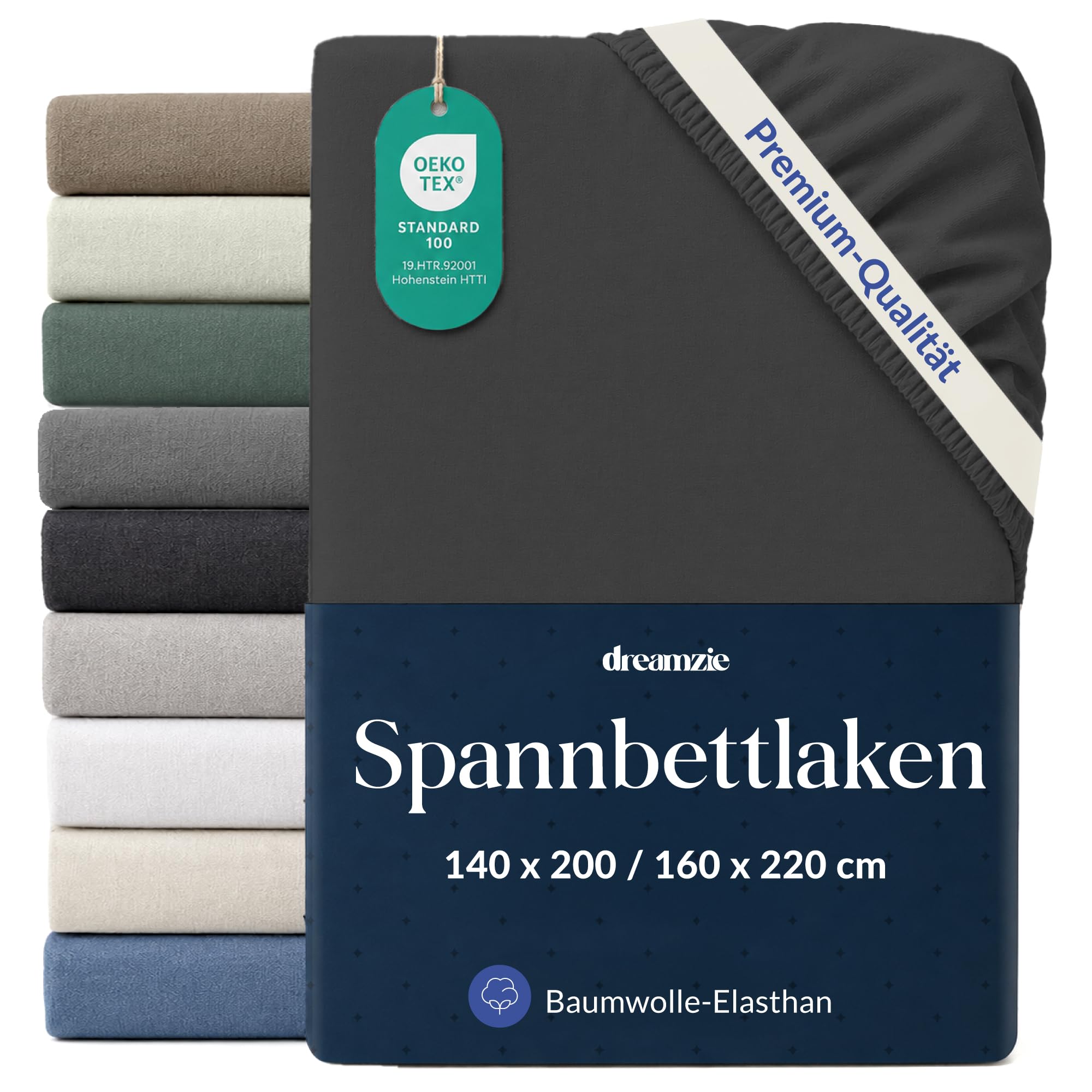 Dreamzie Spannbettlaken 140x200-160x220cm Dunkelgrau, Baumwolle | Jersey 97% Baumwolle, 3% Elasthan · Oeko-Tex zertifiziert · 360°-Gummizug bis 35 cm · Ohne Bügeln
