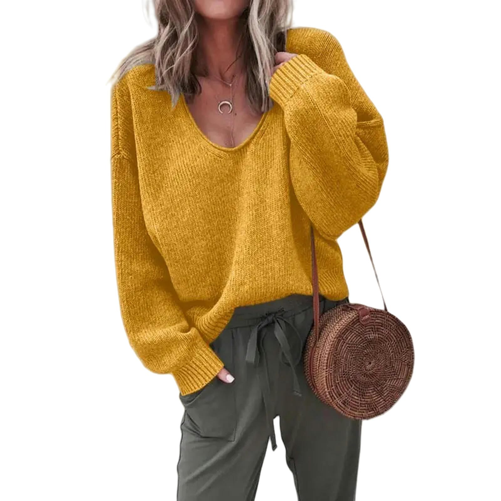 Ropa Mujer Mujeres Mangas Larga V Cuelloz De Punto Capasista Autumn Autumn Black Loose Empéchón Vintage Sweater Streetwear-Amarillo-XXL