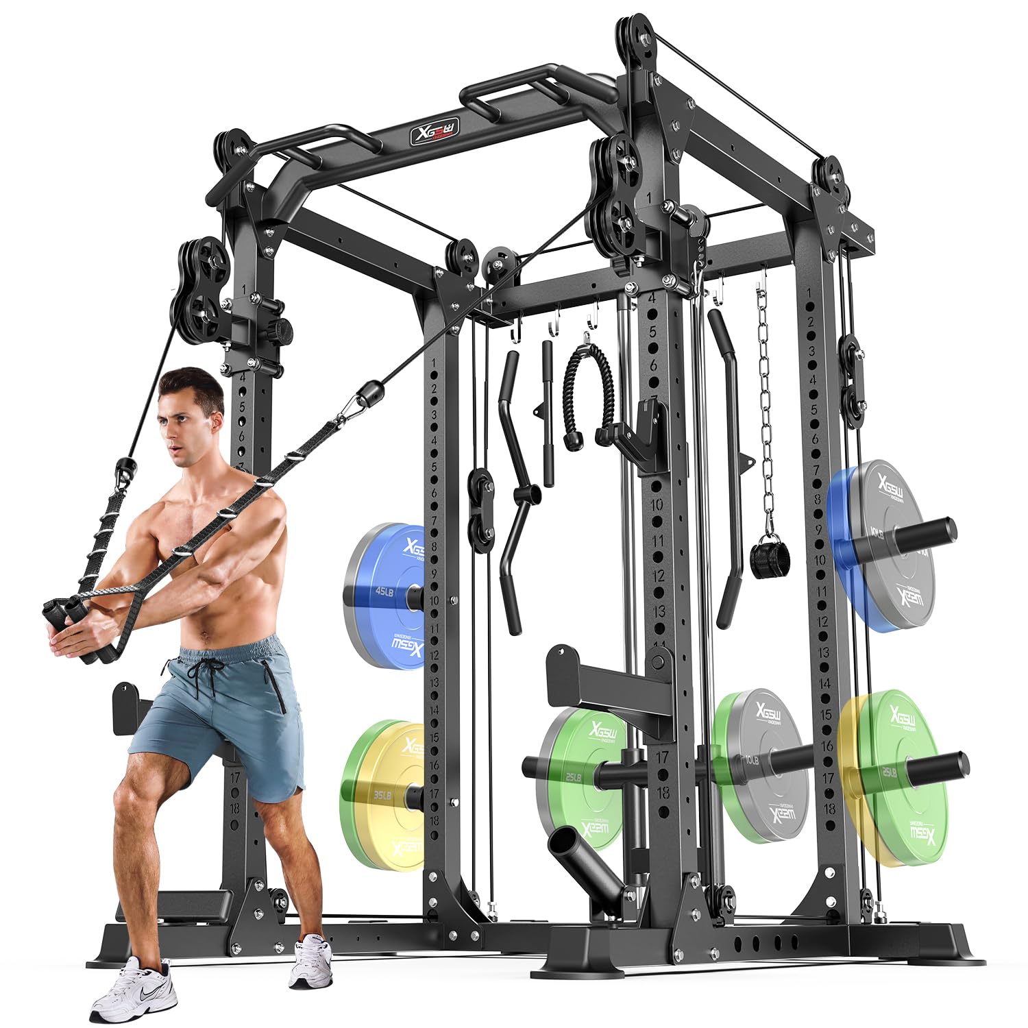 Power Cage Multi-Function Power Rack with Cable Crossover System,1800 LBS Capacity Squat Rack with Weight Bench,for Home Gym