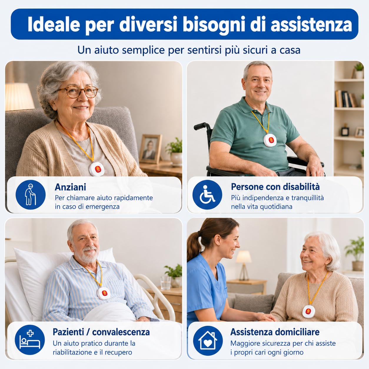 Daytech Salvavita Anziani, Pulsante Allarme Anzianicon 1 Ricevitore, 1 Pulsante SOS e 1 Braccialetto, Campanello Emergenza Anziani per Assistenza Domiciliare, 55 Suonerie, 5 Volumi, 150 m, IP55