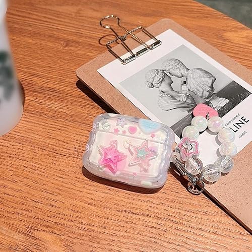 Miniatura 4 de MINSCOSE Funda transparente compatible con Airpod 1 y 2, bonito diseño de estrellas 3D con llavero de corazón, funda protectora de TPU suave a