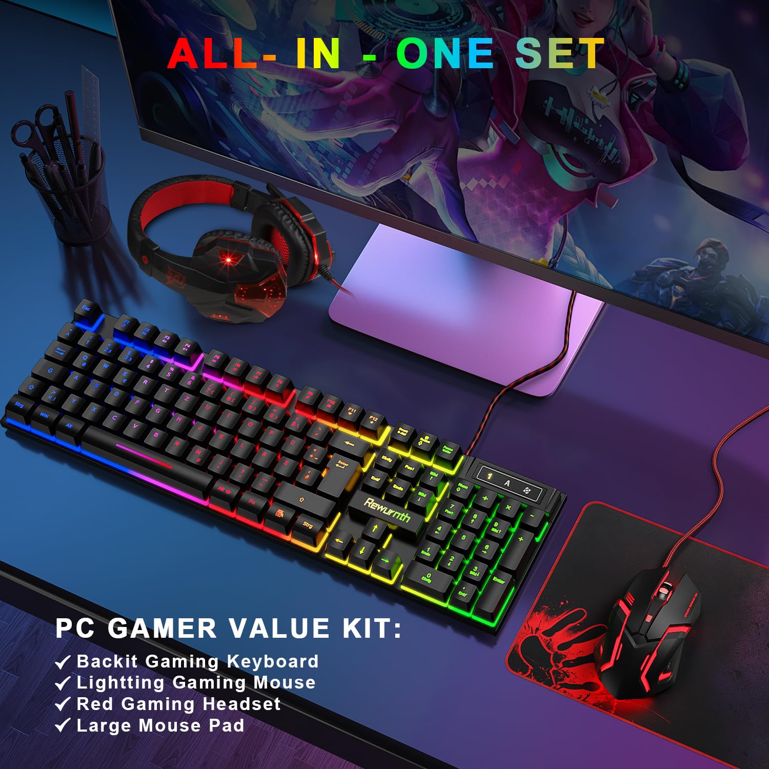 Set tastiera e mouse da gioco con cuffie, QWERTZ DE, tastiera illuminata RGB, mouse da gioco a LED, 4 colori, cuffie over-ear, grande tappetino per mouse, cavo USB per PC Mac PS5 Xbox