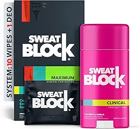 SweatBlock Sistema desodorante de força máxima para mulheres, tratamento de hiperidrose para excesso de suor e odor nas axilas, 10 lenços clínicos mais desodorante com aroma de coco e baunilha 76,5 g
