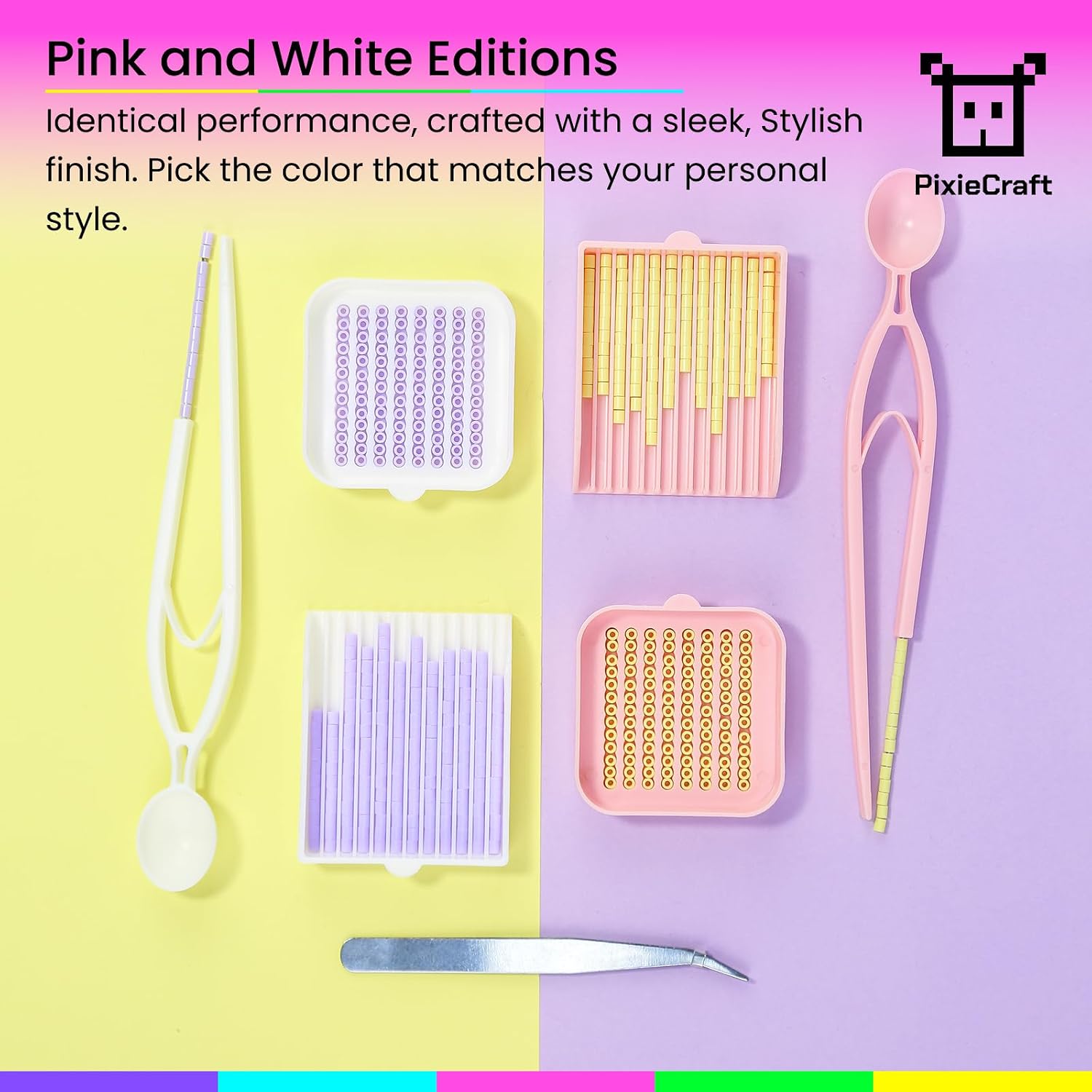 PixieCraft White Precision Picker Set, 4 pcs for 2.6mm Fuse Beads, Bead Pen, Bead Tweezers and Sorting Tools, Fuse Bead Tool for Mini Fuse Beads, Pixel Art & Adult Crafts