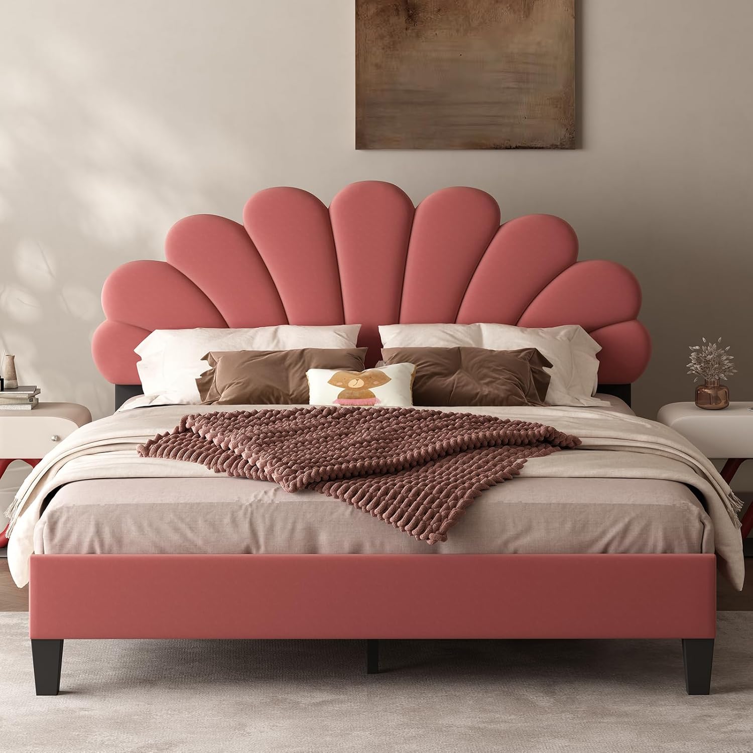 Bed Frame/Velvet Upholstered Platform Bed Frame with Flower Pattern Headboard/Strong Wood Slats Support/Mattress Foundation/No Box Spring Needed (Bean Paste Red, Queen (U.S. Standard))