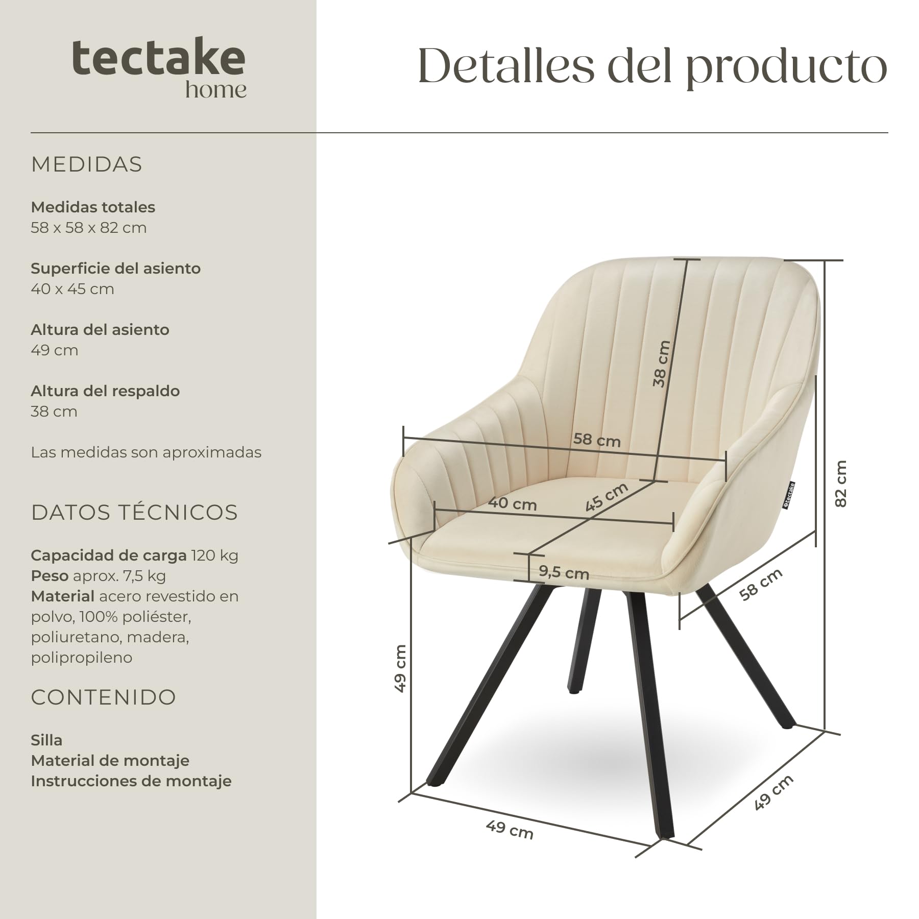 tectake® Sillas de Comedor Giratorias con Funda de Terciopelo, Acolchada, Respaldo Continuo, Silla Dormitorio, Silla con reposabrazos, sillas nordicas, Muebles Salon Modernos - 1 Silla Crema