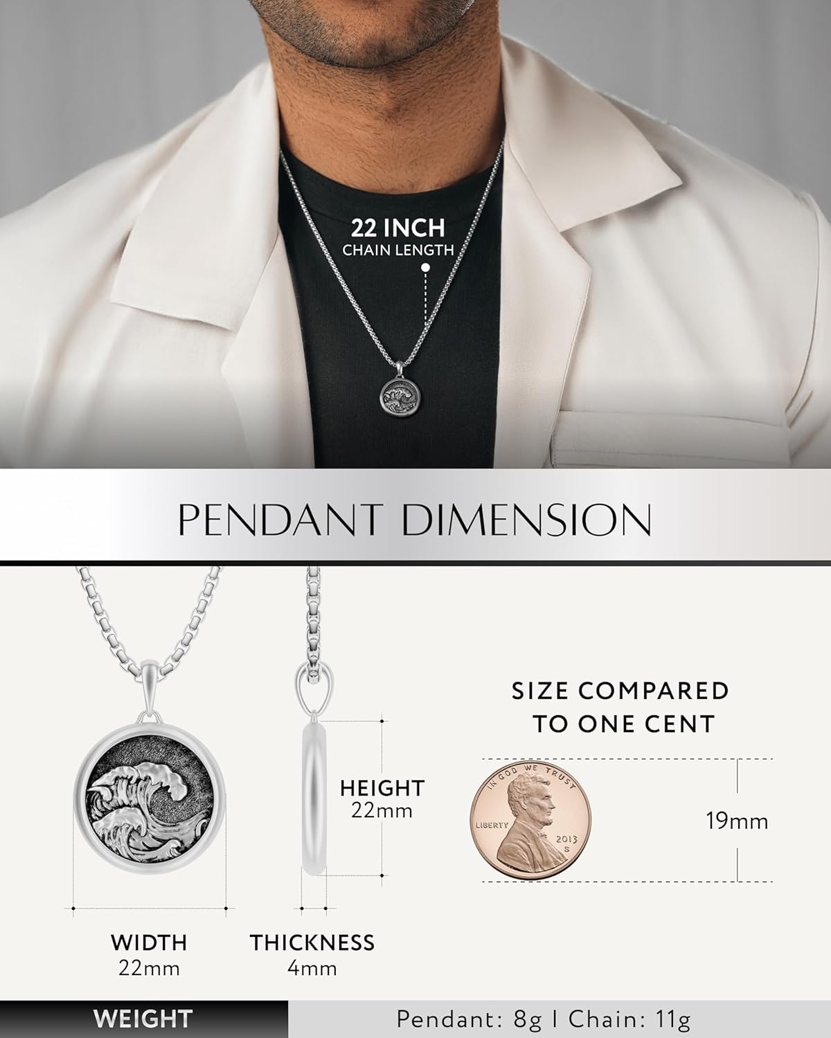 RTZN® Pendant Necklace for Men – Premium Stainless Steel Silver Pendant Necklace with 22" Chain + 2" Extension – Waterproof & Non-Tarnish Small Pendants for Men – Bold Symbols of Strength & Legacy - Image 5