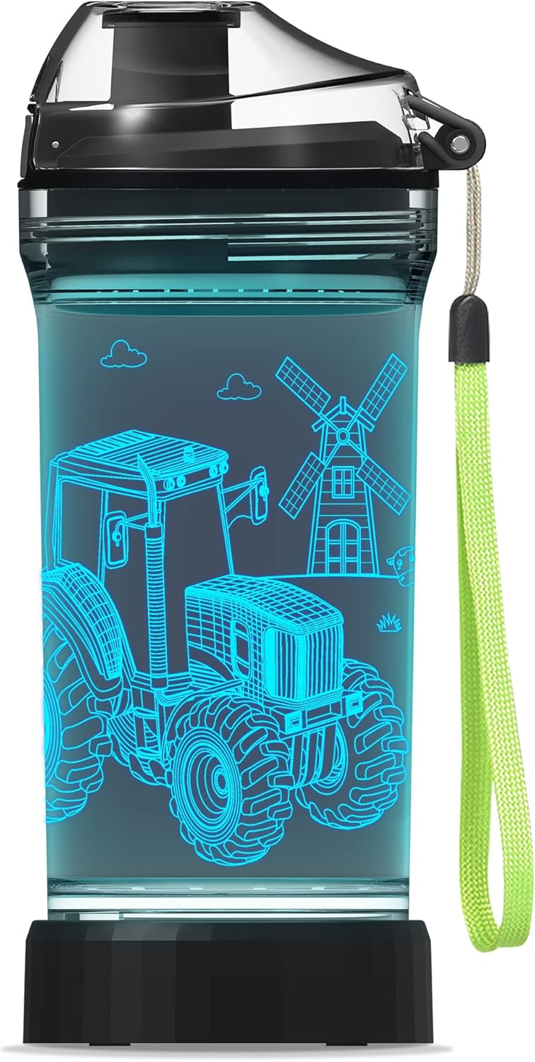 Kids Tractor Water Bottle with 3D LED Light, Glow in The Dark Gifts Ideal Travel Cup for School Boy Girl Child, Birthday Holiday Camping Picnic with Tritan BPA Free (Tractor 14 Oz)
