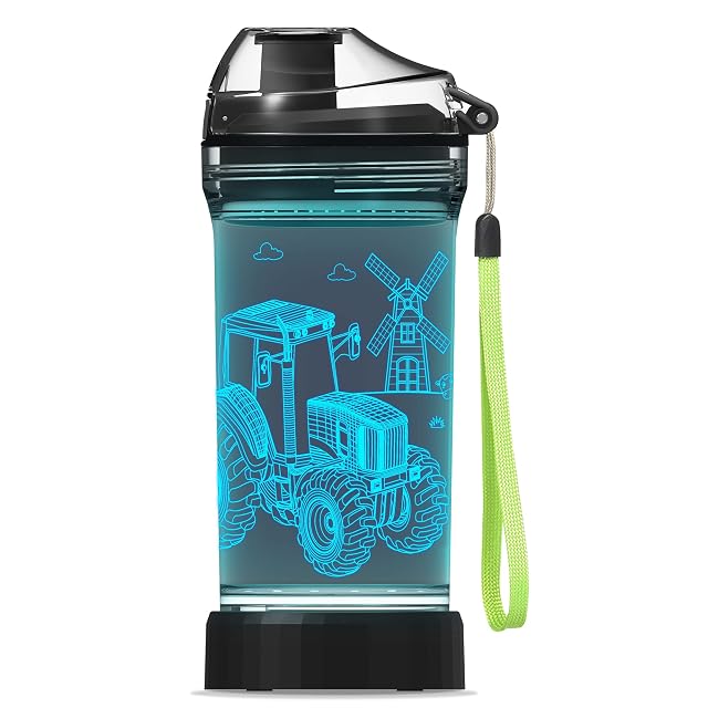 Kids Tractor Water Bottle with 3D LED Light Glow in The Dark Gifts Ideal Travel Cup for School