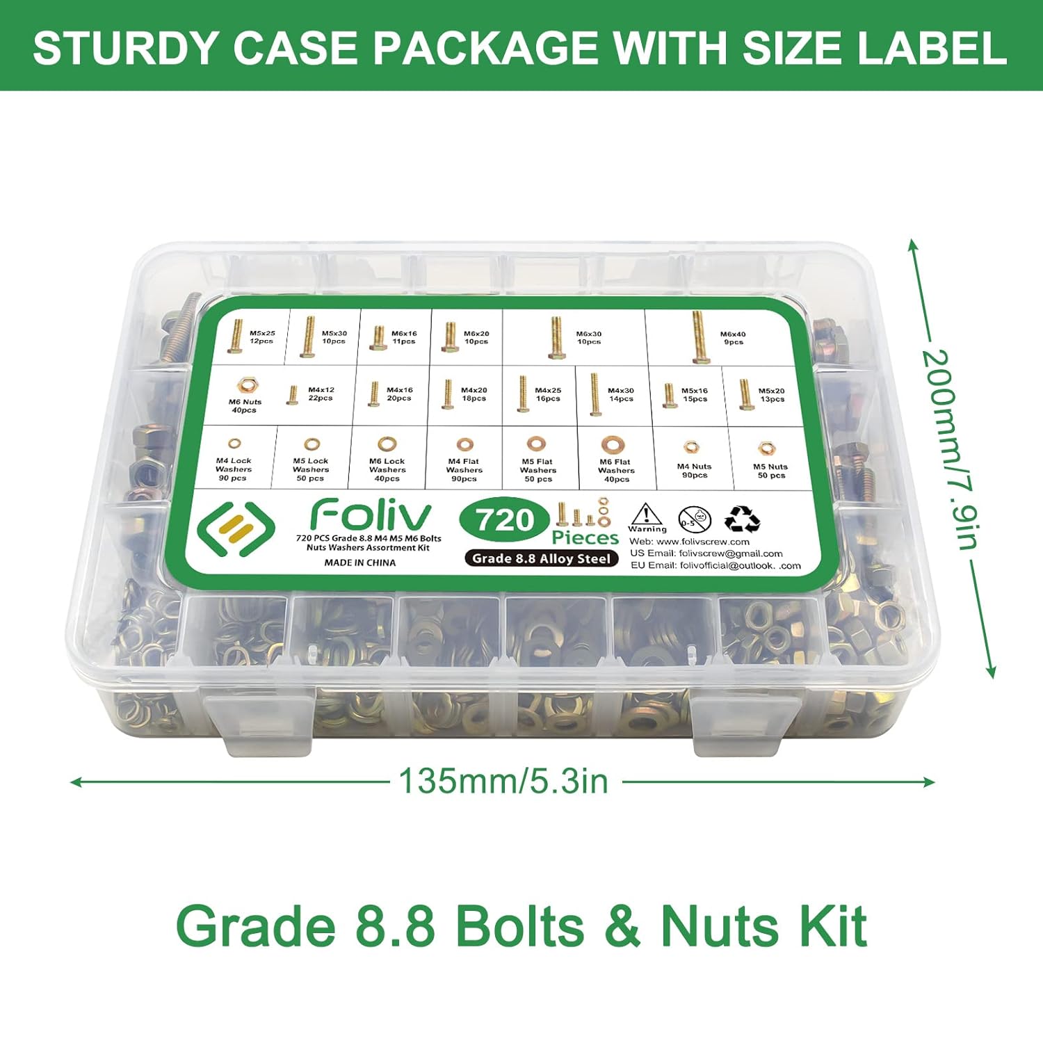 FOLIV 720pcs Grade 8.8 Metric Bolt Assortment, M4 M5 M6 Heavy Duty Metric Nuts and Bolts Assortment kit, Yellow Zinc Plated