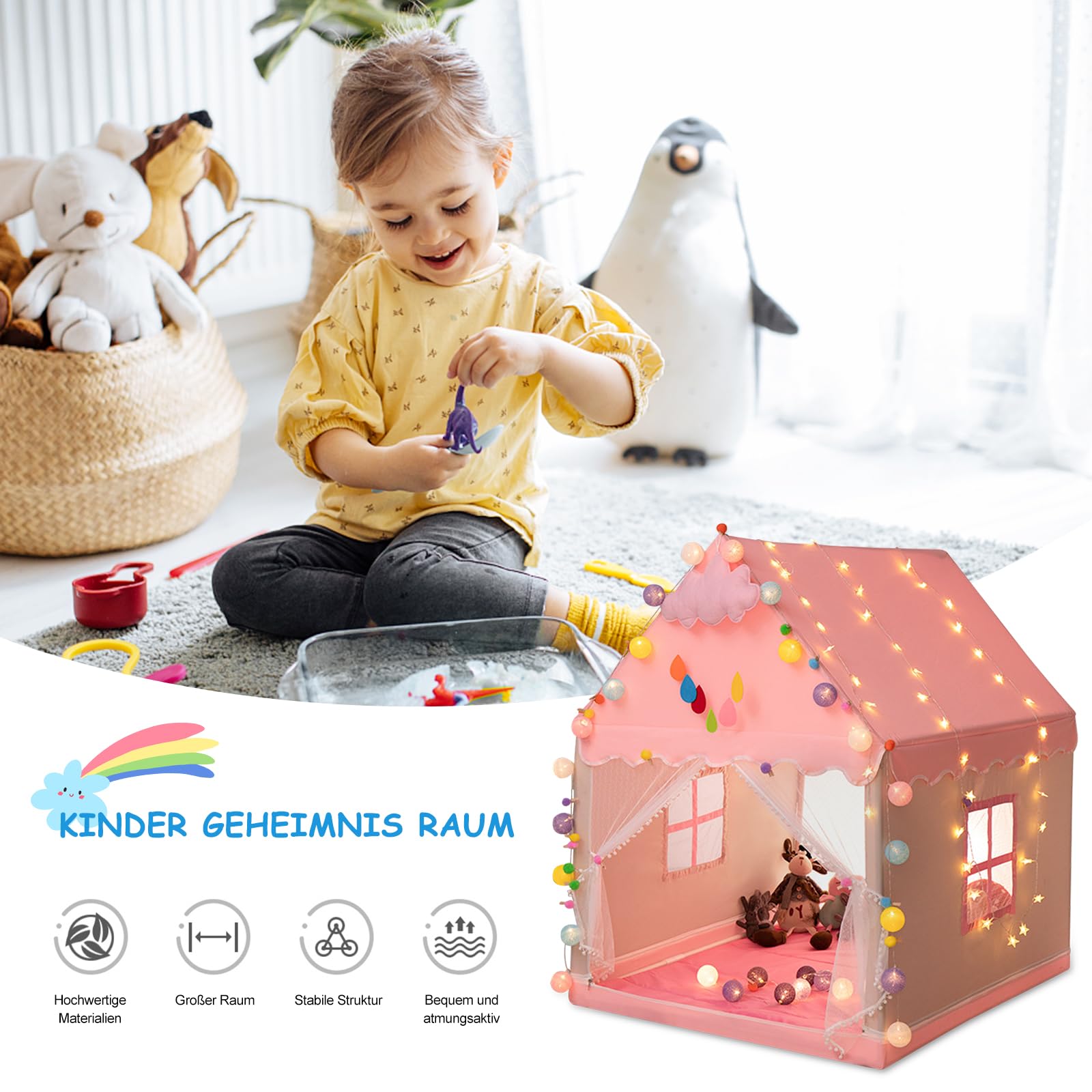 Ergocar Tipi Zelt für Kinder, Kinderzelt für Drinnen Mädchen, Draußen Spielzelt für Jungs, Prinzessin Prinz Traumschloss mit Farbige Kugeln & Sternlichter, Zelt Kinderzimmer Geburtstag Geschenk