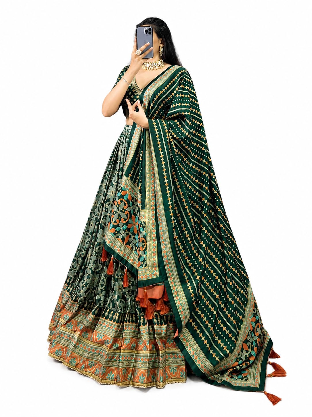Women’s and gilrs Green Digital Print Lehenga Choli with Dupatta, Dola Silk Party Wear Lehenga for Navratri, Wedding, Festive, Traditional Ethnic Wear for Women-image-39