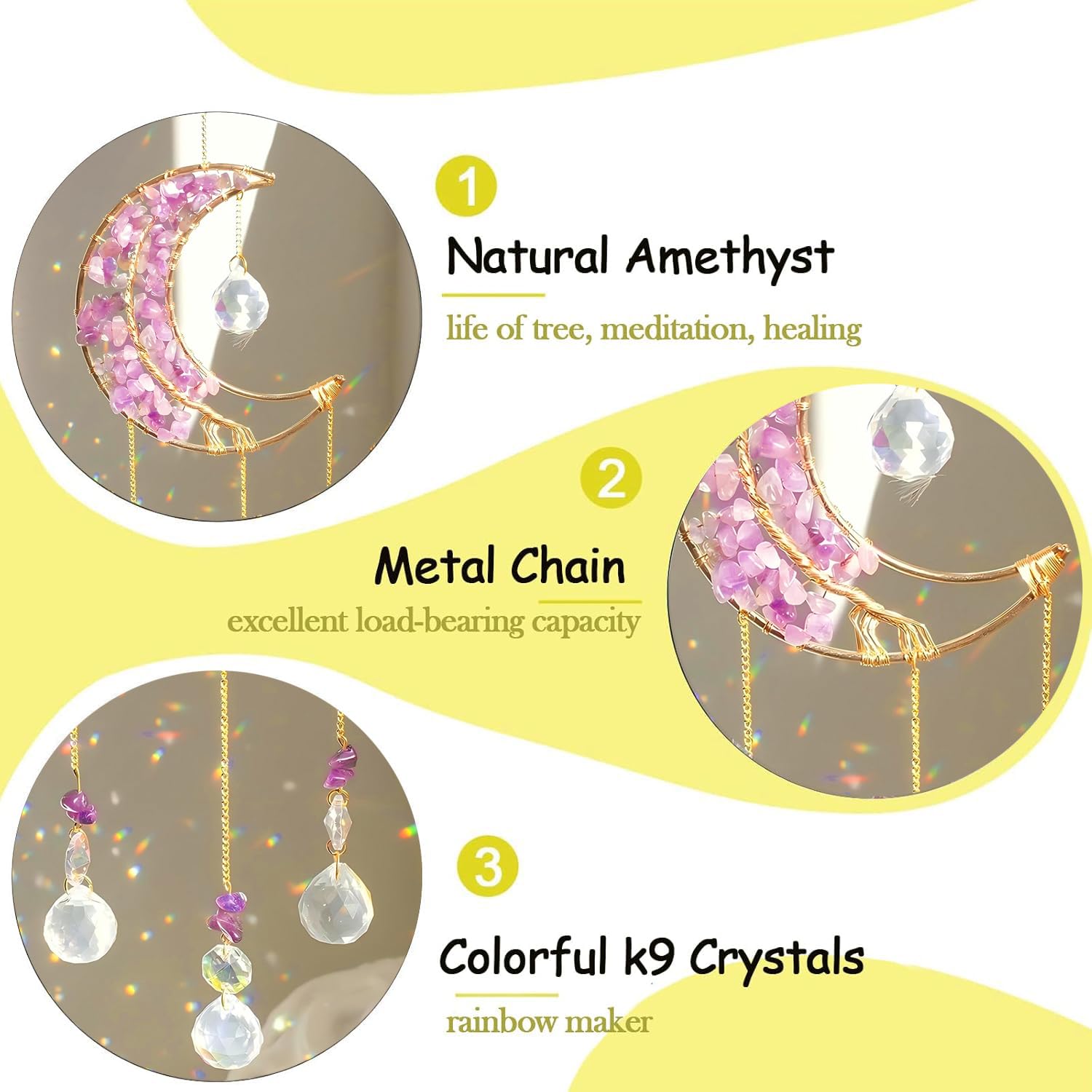 Crystal Moon Suncacher-Sun Catchers Indoor Window Prism Moon Crystal Dream Catcher Natural Healing Stones Rainbow Maker Garden Car Decoration Outdoor(Amethys) - Image 4