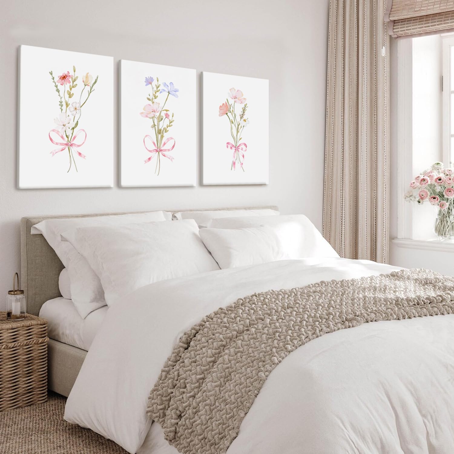AUUAUU 3 Pcs Framed Watercolor Floral Wall Art Canvas Print Set, Modern Botanical Aesthetic Posters 16x24 Inch Pastel Pink Ribbon Flower Wall Decor for Girl’s Bedroom Nursery Living Room Kitchen