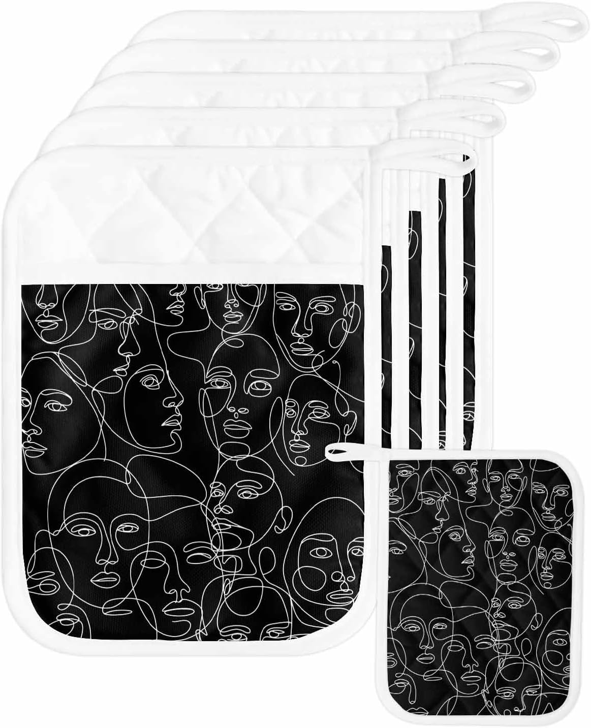 5 Pack Pot Holder with Pocket, Abstract Character Face Modern Line Arts Kitchen Potholders Heat Proof Non Slip Pot Holders Sets, Black White Hot Pads Potholder for Cooking Baking BBQ