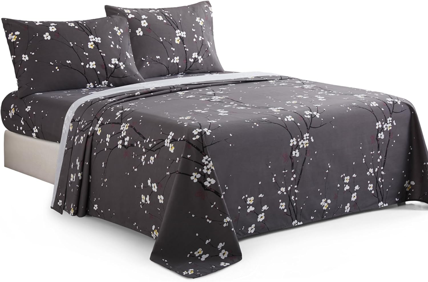 Marina Decoration Printed 600 Thread Count Soft Deep Pocket Hotel Standard Long Staple Cotton Blend Percale All Season 4 Pieces Bedding Sheet Set, Plum Blossom Floral Grey Pattern Queen Size