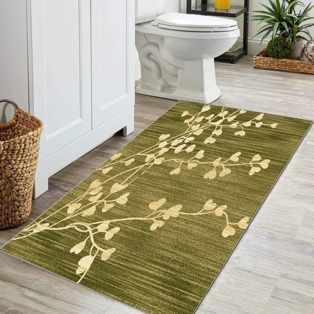 Grün Läufer Teppich Lang Vintage Flur Läufer rutschfest Waschbar 70x240cm Modern Blattmuster Dauerhaft Läuferteppich TeppichLäufer Küchen Korridor Polyester Anpassbar Meterware