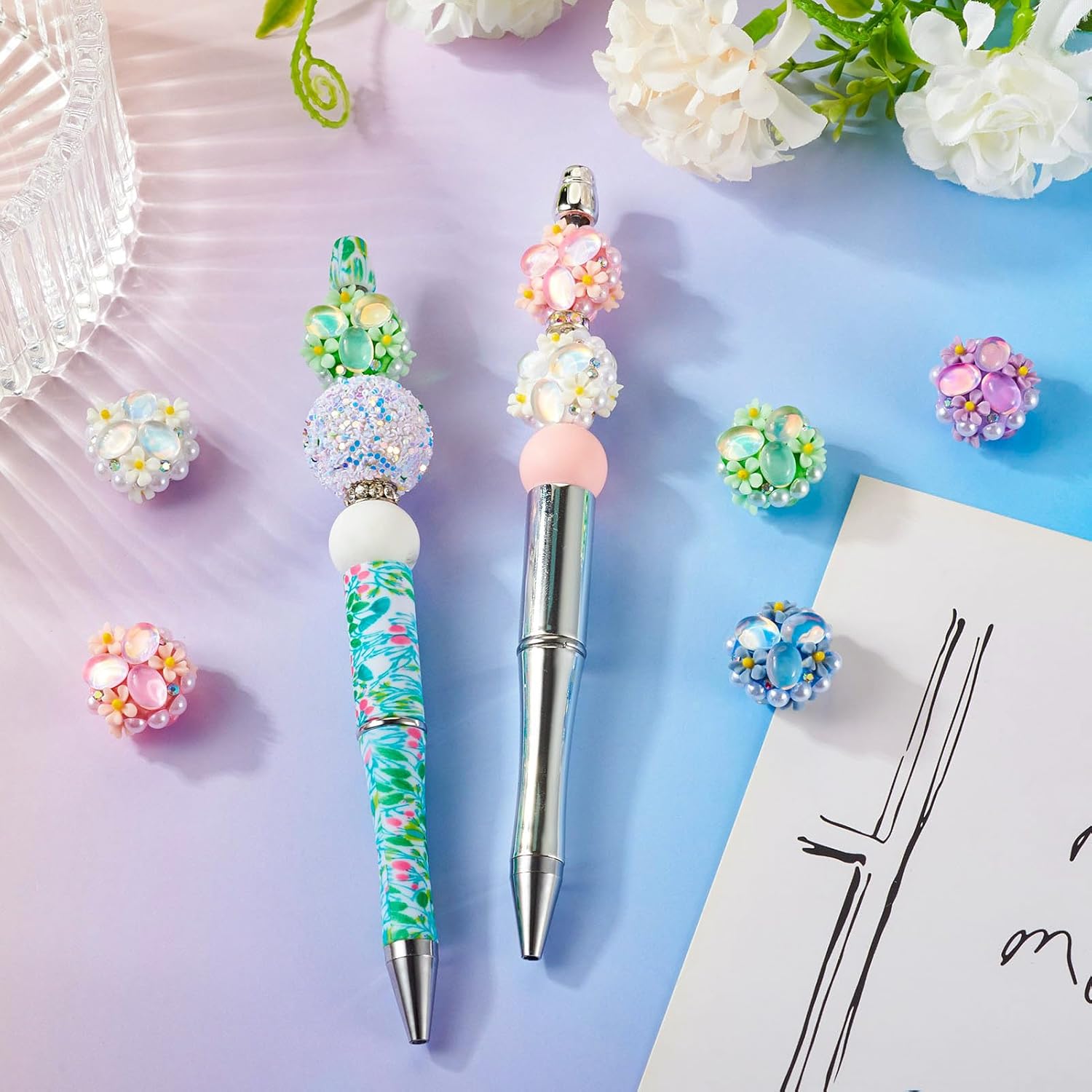 FASHEWELRY 5Pcs Rhinestone Flower Focal Beads Spring 5 Colors Fancy Bling Glitter Spacer Pen Beads Chunky Diamond Focals Bead for DIY Beaded Pens Keychain Jewelry Making Spacer Supplies - Image 3