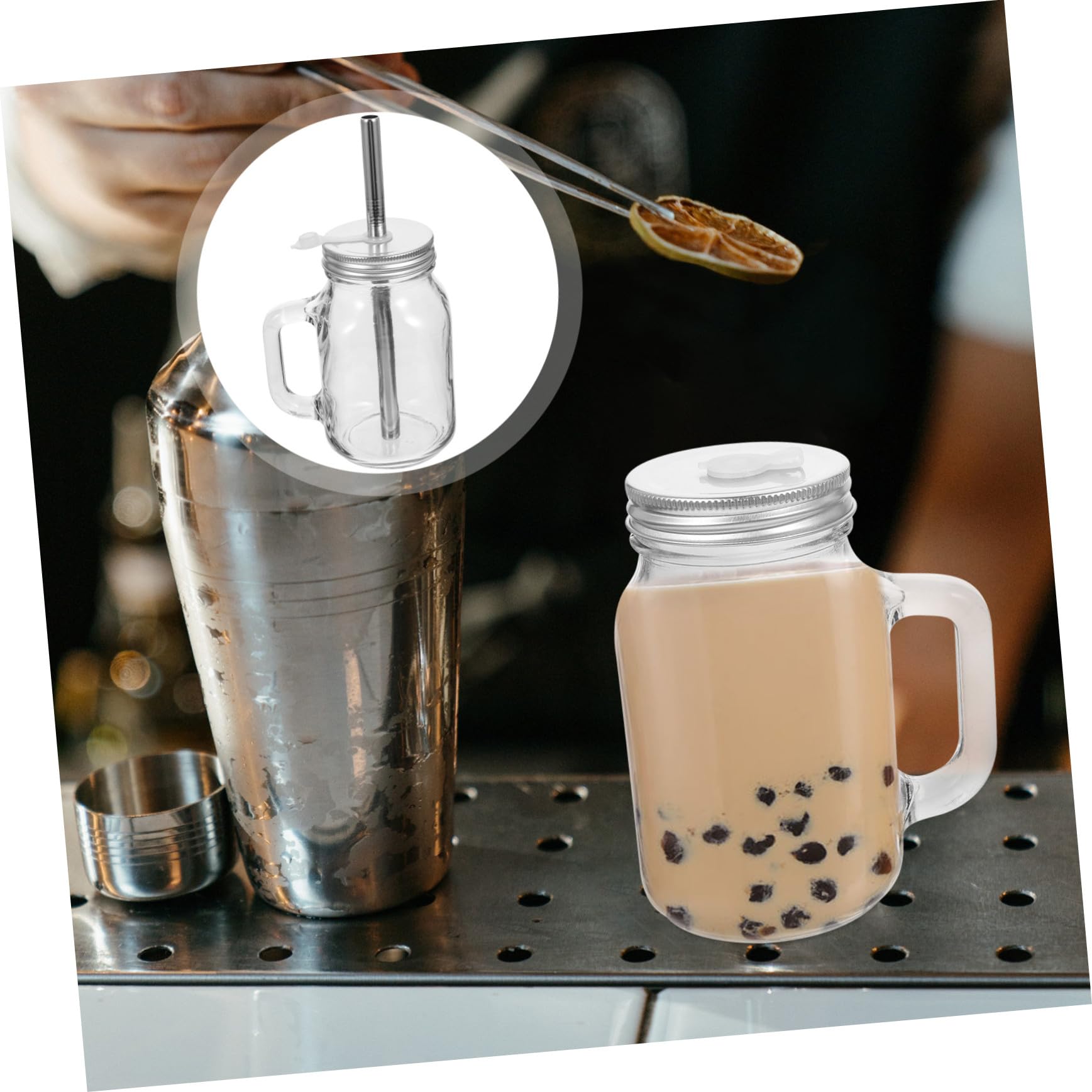 Uonlytech Vasos de Vidrio Capacidad 650ml Juego de 2 con Pajita y Tapa para Almacenar Jugo y Yogur, Diseño de Fondo Plano y Acero Inoxidable