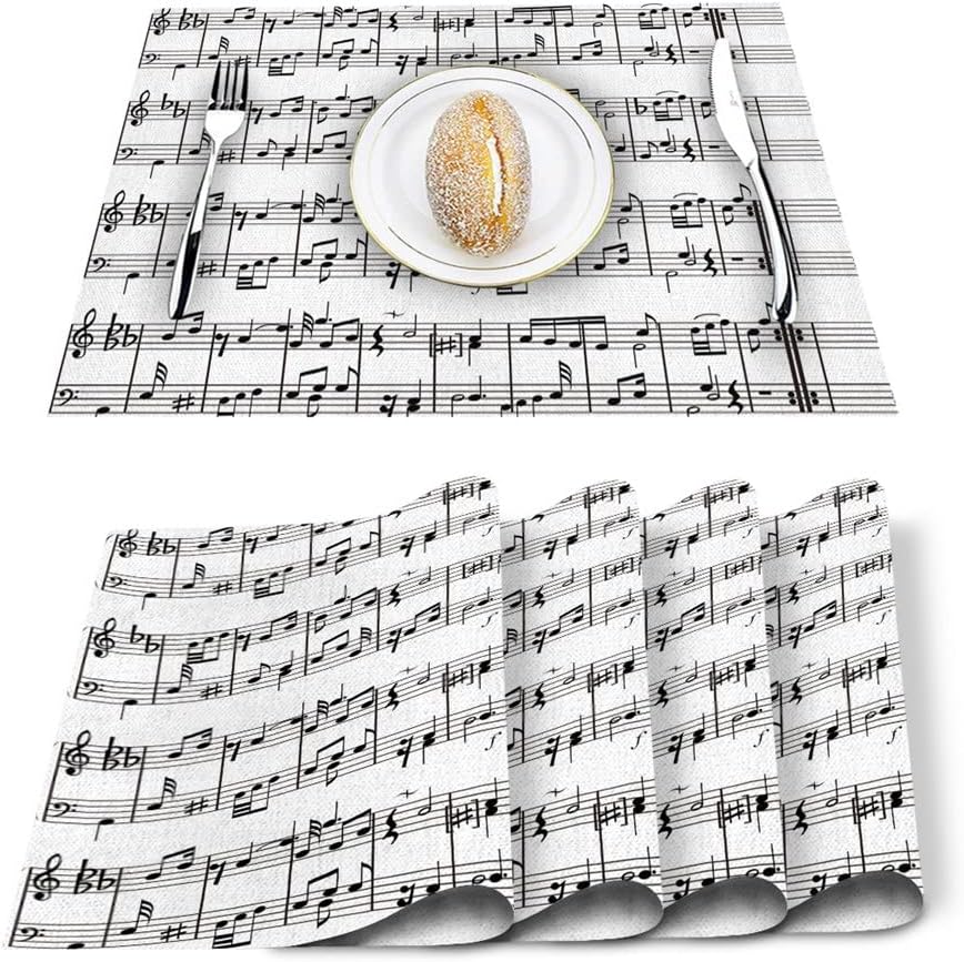 4/6 Pcs Placemat Table Mat Tab Music Note Black White Printed for Tables Linen Cotton Kitchen Dining Pads Placemats Set(6 PCS)