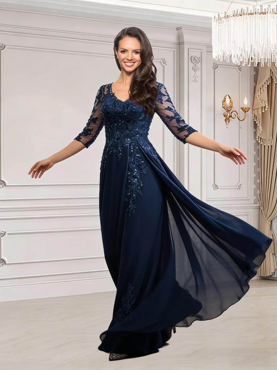 Floral Long Mother of The Bride Dresses for Wedding 3/4 Sleeves Lace Chiffon Formal Dress for Women 2026