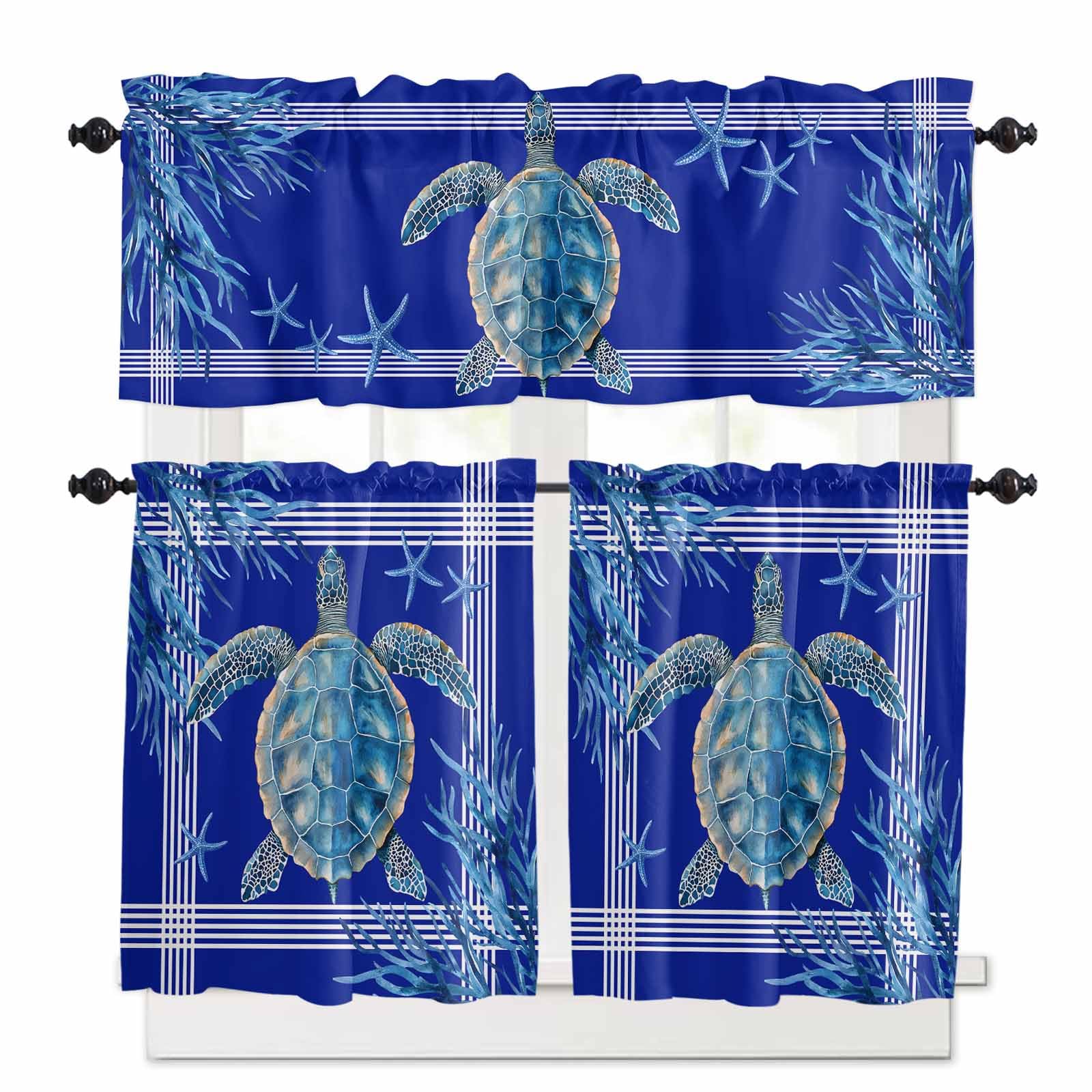 Turtle Navy Blue Kitchen Curtains 36 Inch Length,3 Piece Rod Pocket Small Half Tiers and Valance Set,Coastal Starfish Coral Ocean Stripes Small Large Window Treatment Decor for Bedroom/Bathroom Sink