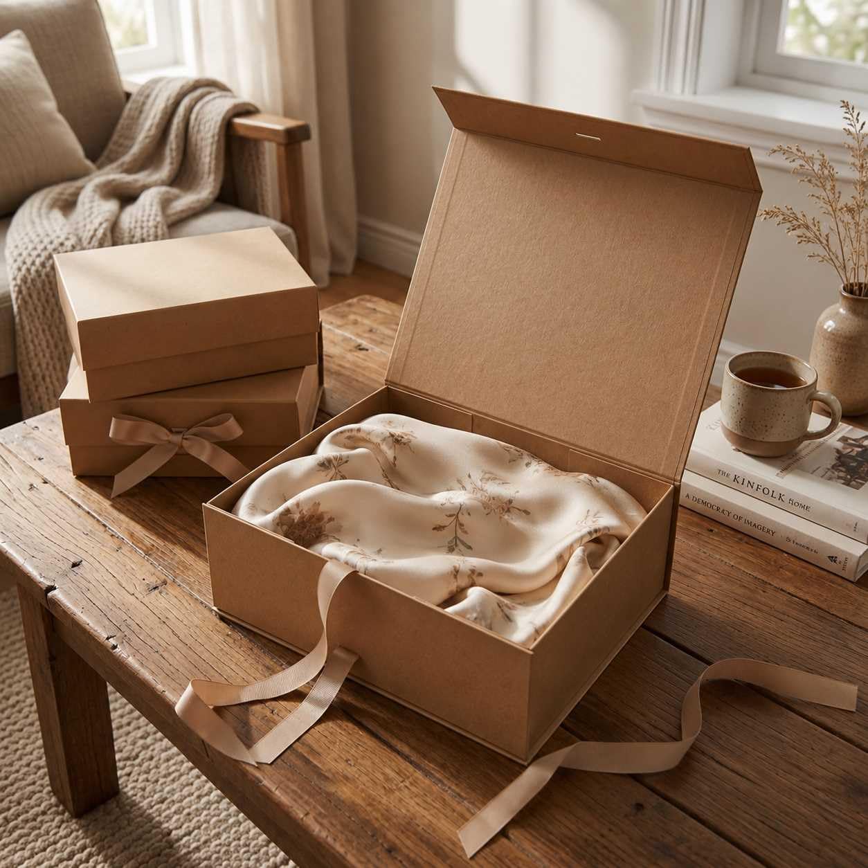 Emartbuy Lot de 5 boîtes cadeaux magnétiques en papier kraft avec ruban – 28,2 x 20,2 x 9,2 cm – Convient aux tasses, ensembles de beauté et petits paniers – Anniversaires, mariages, Noël, cadeaux