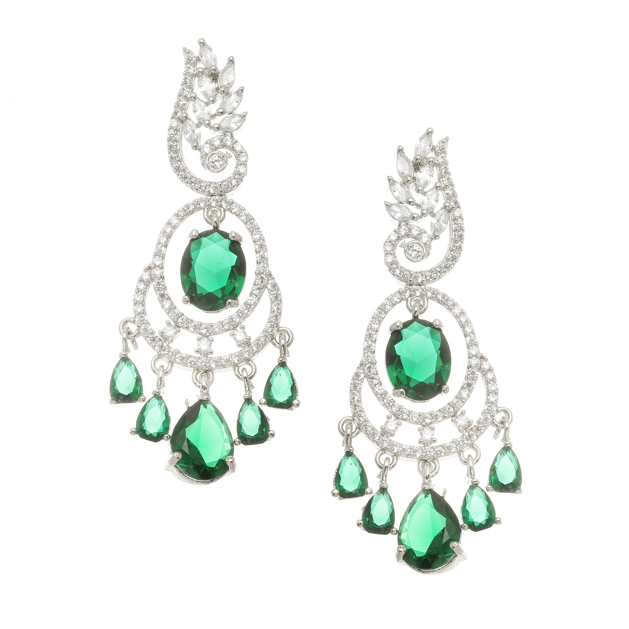 ZENEME Rhodium-Plated American Diamond Studded Oval & Leaf Shaped Drop Earrings For Girls and Women (Green) (B0CGF2YX2T) Amazon Price History, Amazon Price Tracker