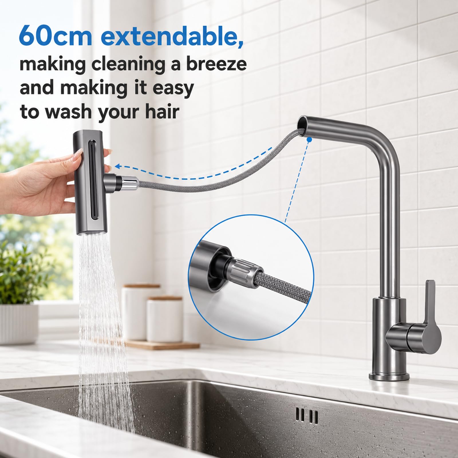Grifo de cocina extraíble, grifo de cocina con ducha extraíble de 4 modos, caño giratorio 360°, cabezal de ducha extraíble, mezclador de alta presión de acero inoxidable 304 para agua fría y caliente