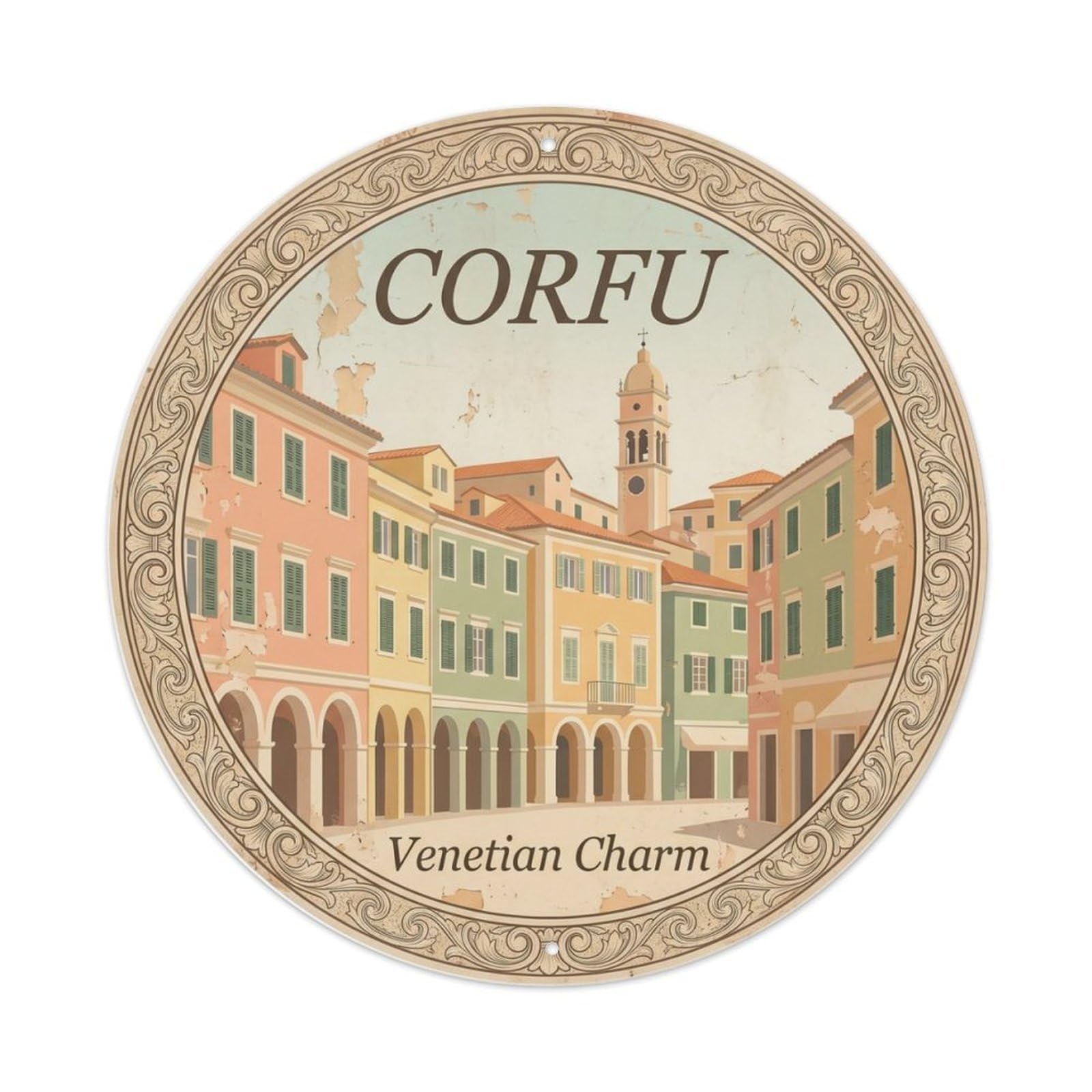 Vintage Travel Corfu Venetian Town Metal Tin Sign Plaque Wall Decor for Cafe, Club, Garden Round Metal Poster 8x8Inch